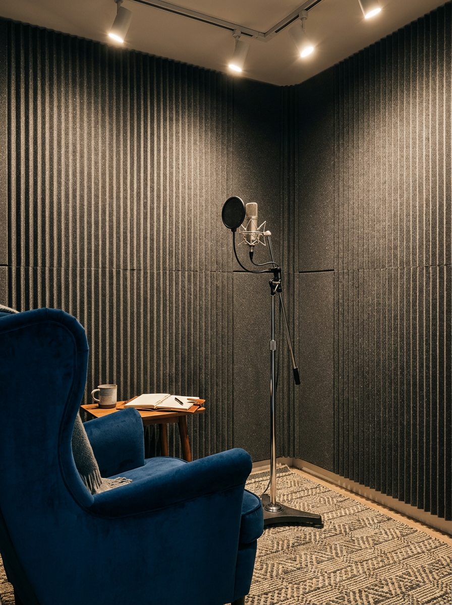 Recording studio with a black microphone on a stand, a blue armchair, a small wooden table with a notebook, pen, and coffee mug, and black acoustic foam panels on the walls.