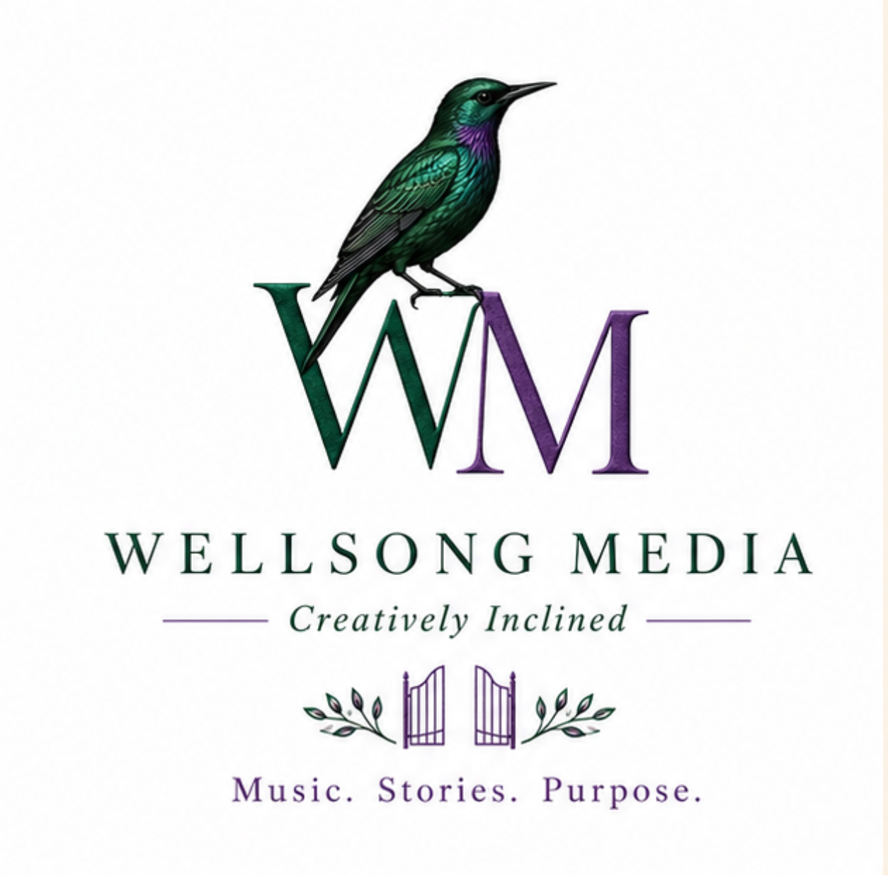 Logo for Wellsong Media with a colorful hummingbird perched on the letter W