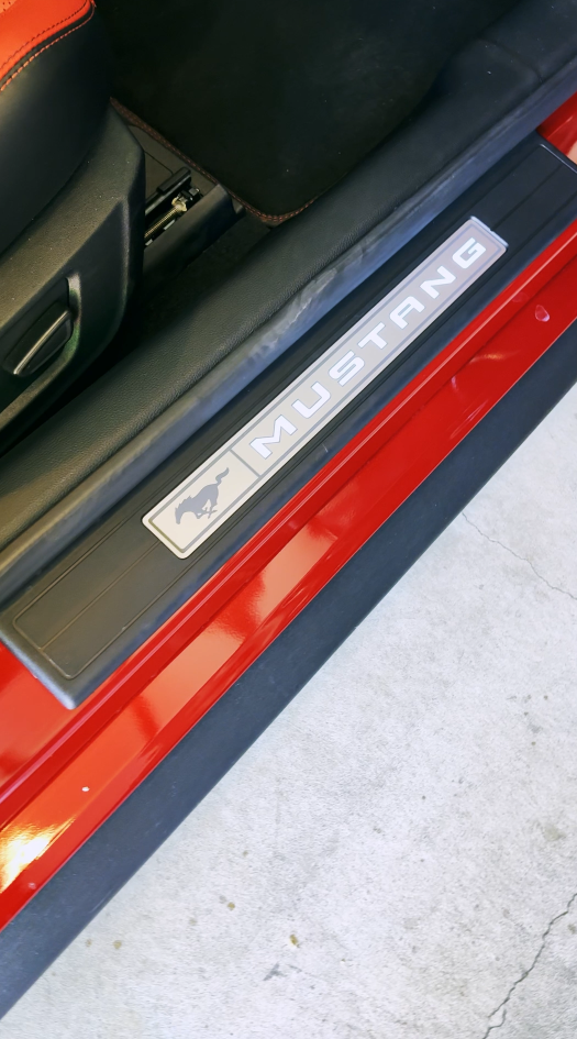 Close-up of a car door sill with a silver 'MUSTANG' logo and a horse emblem, on a red car with black trim.