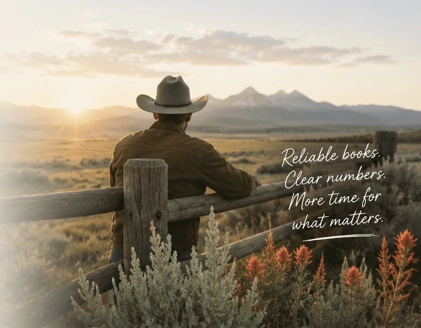 A man wearing a cowboy hat and brown jacket sitting on a wooden fence, looking at a scenic landscape with mountains in the distance during sunrise or sunset. There are flowers in the foreground, and overlaid text reads: 'Reliable books. Clear numbers. More time for what matters.'.