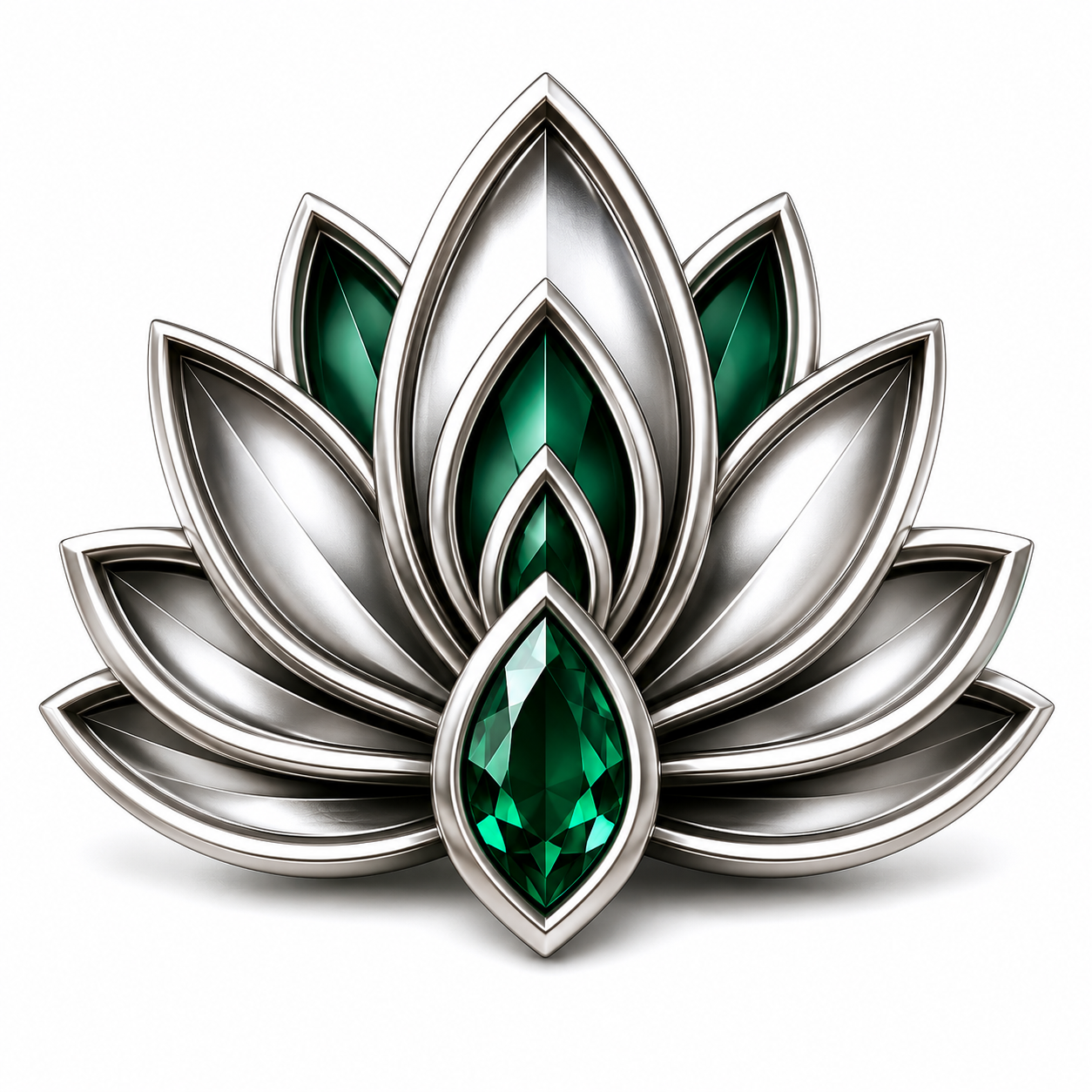 A silver jewelry piece designed as a lotus flower with green gemstones in the center of each petal.