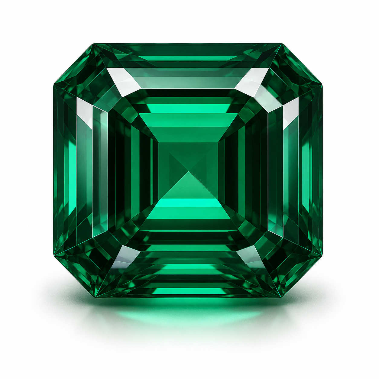 A large, emerald-cut green gemstone with precise facets and a geometric shape displayed against a plain white background.