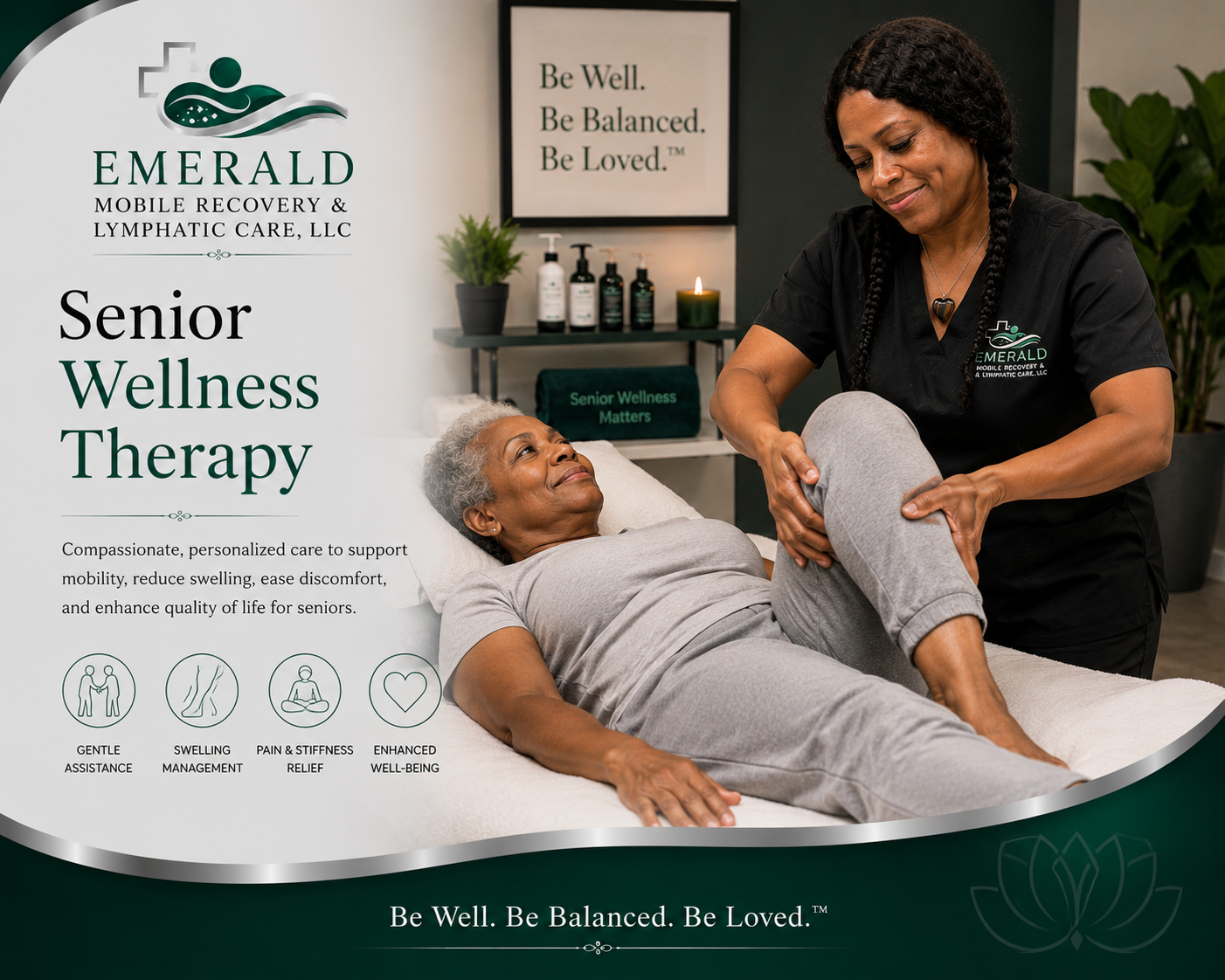 A senior woman receiving leg therapy from a healthcare provider at Emerald Mobile Recovery & Lymphatic Care, LLC. The setting promotes senior wellness therapy with a caring professional.