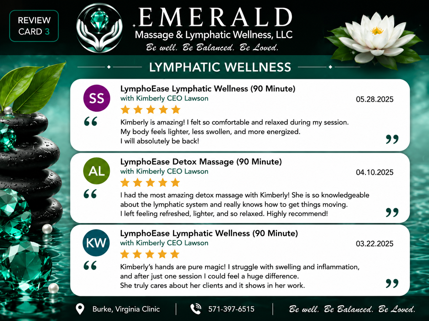 A digital review card for Emerald Massage & Lymphatic Wellness, LLC, featuring three positive client reviews for lymphatic wellness and detox massage services. The card has a green, black, and white color scheme, with images of stacked stones, a white lotus flower, and water reflections.
