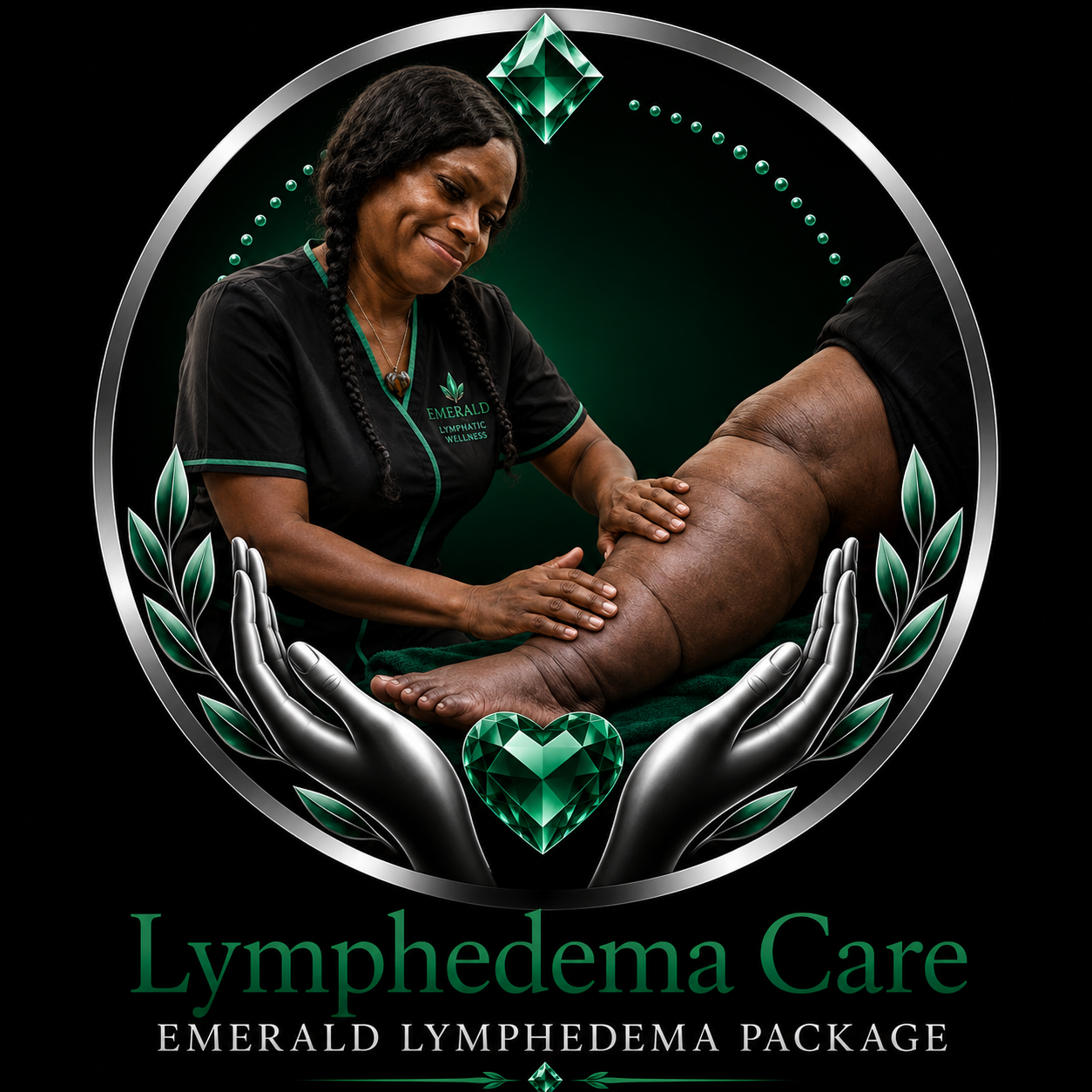 A woman giving a lymphatic massage on a person's leg. The woman wears a black uniform with emerald green accents and the text "Emerald Lymphedema Wellness." The image is framed by a circular design with emerald green hearts and laurel leaves, and the text "Lymphedema Care" and "Emerald Lymphedema Package" at the bottom.