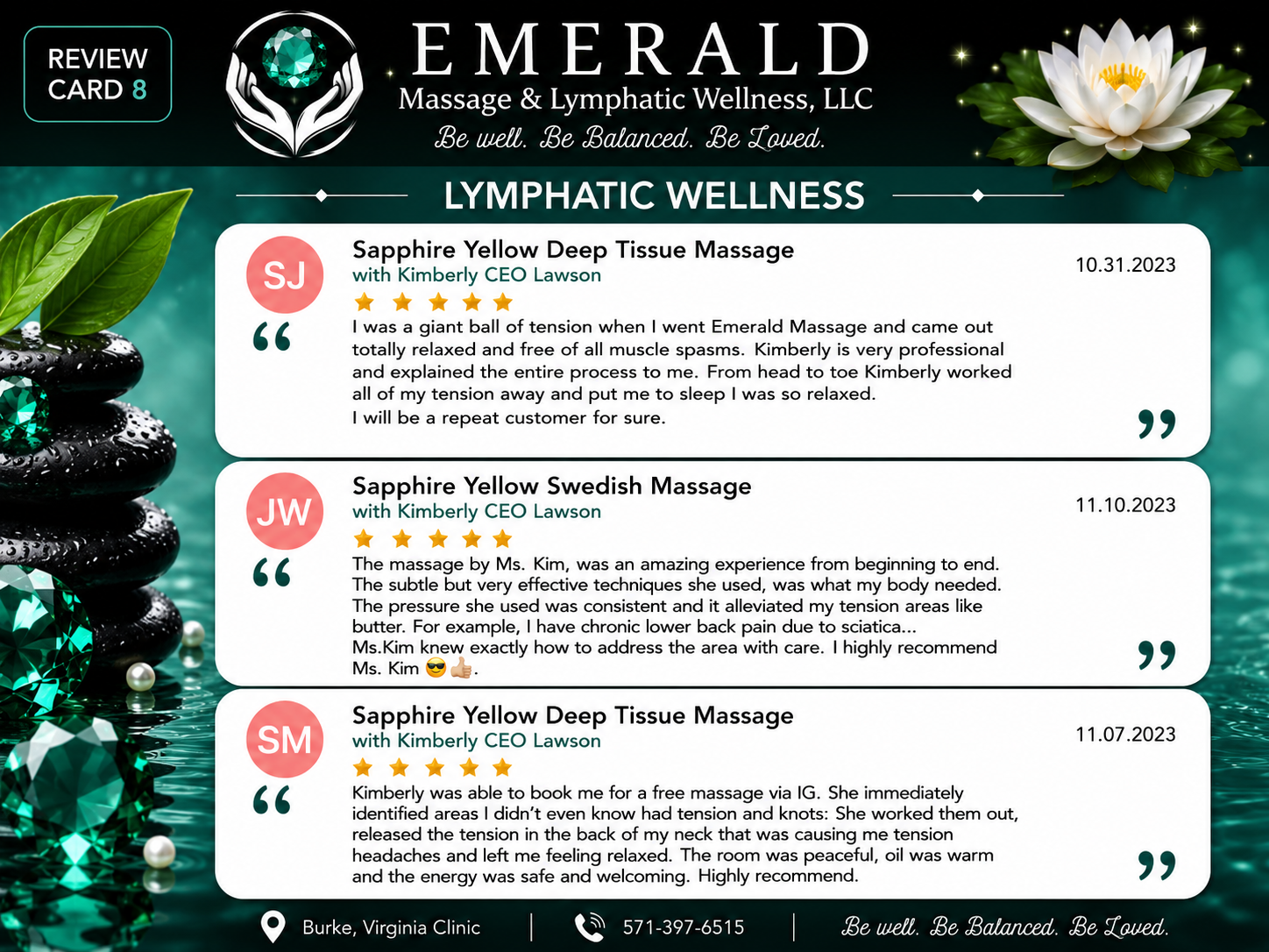 Promotional review card for Emerald Massage & Lymphatic Wellness LLC featuring customer reviews for lymphatic wellness massage services, with a background of stacked black stones adorned with green gemstones, tropical leaves, and a white water lily flower.