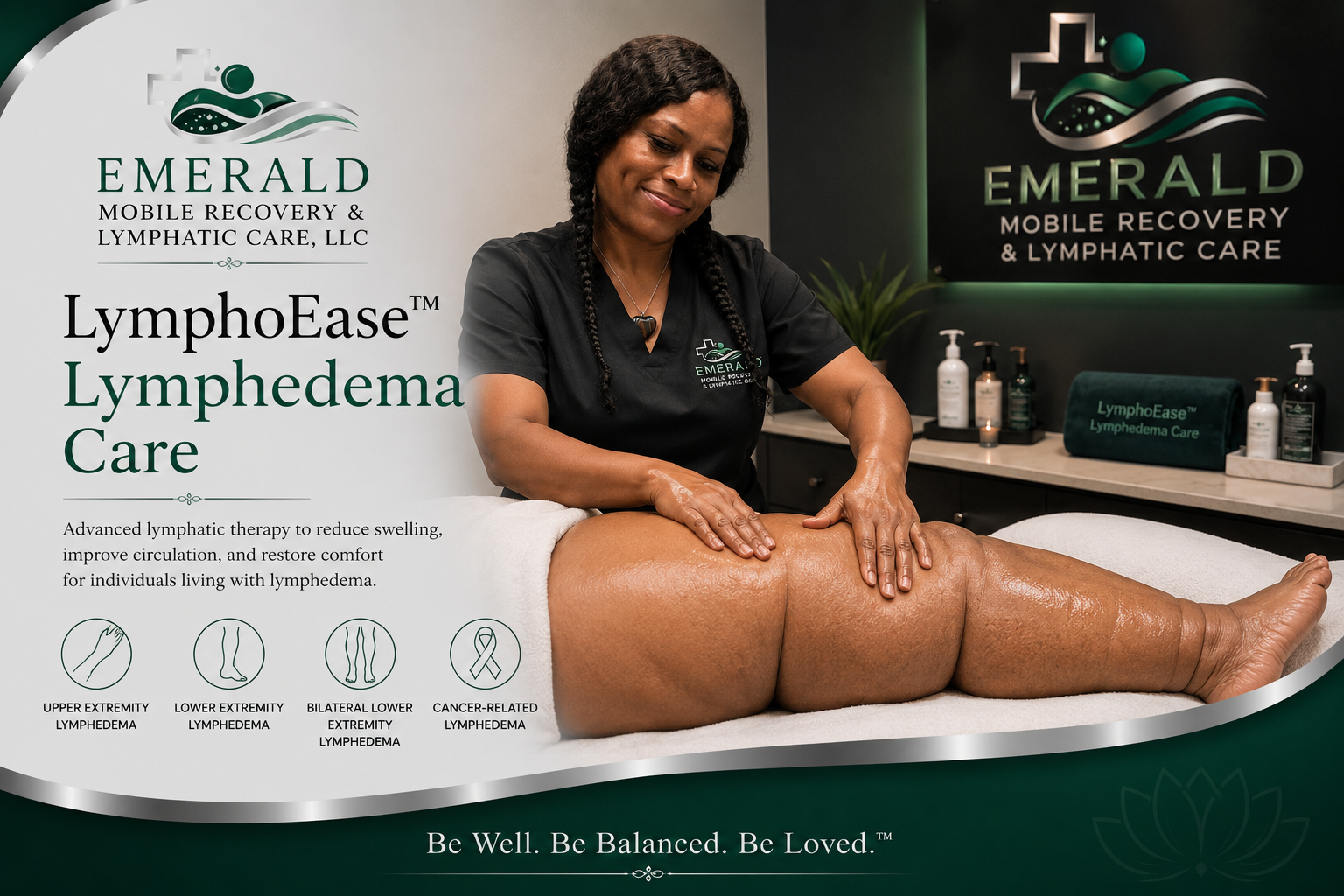 A woman performing lymphatic therapy on a patient's leg in a wellness clinic with signage for Emerald Mobile Recovery & Lymphatic Care, LLC and LymphoEase Lymphedema Care.