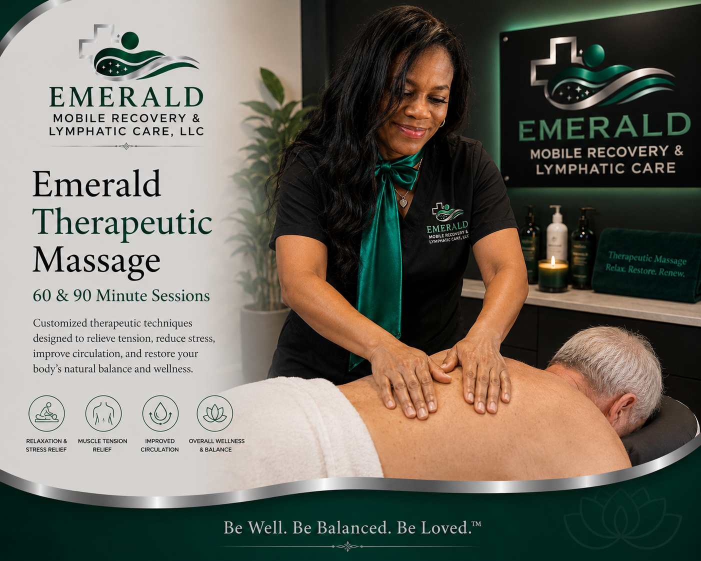 A massage therapist giving a massage to a male client in a professional spa setting with Emerald Mobile Recovery & Lymphatic Care branding visible.
