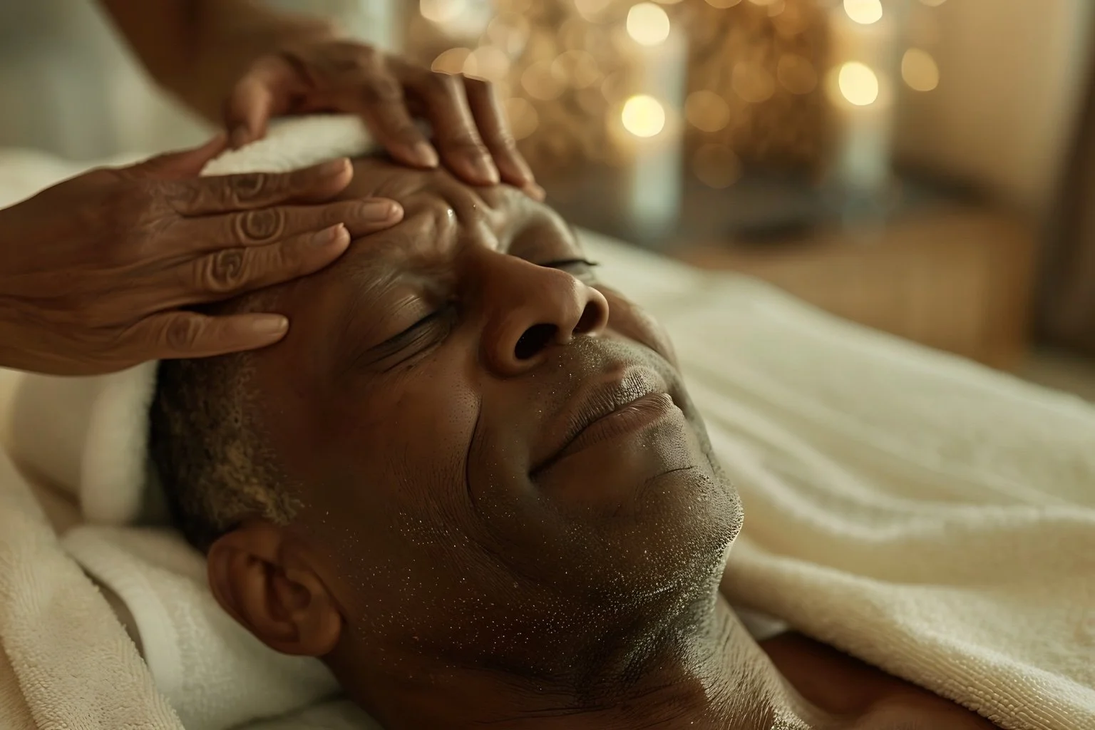 A person receiving a facial massage or skincare treatment while lying down in a spa setting.