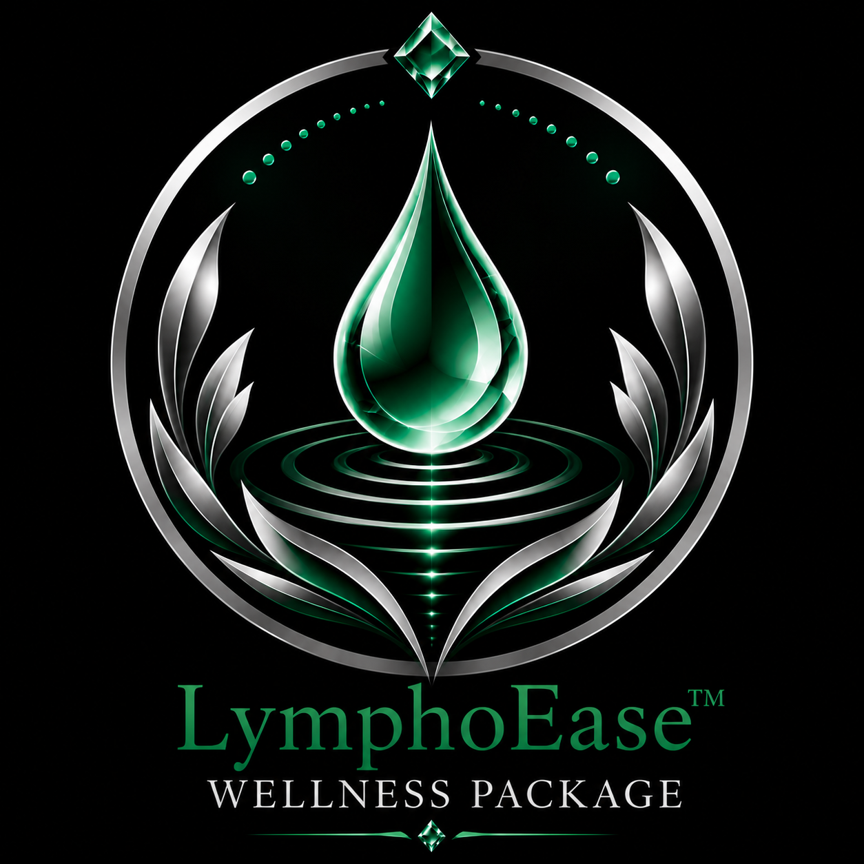 A logo for LympoEase Wellness Package featuring a stylized green water droplet surrounded by metallic silver and green decorative elements on a black background.