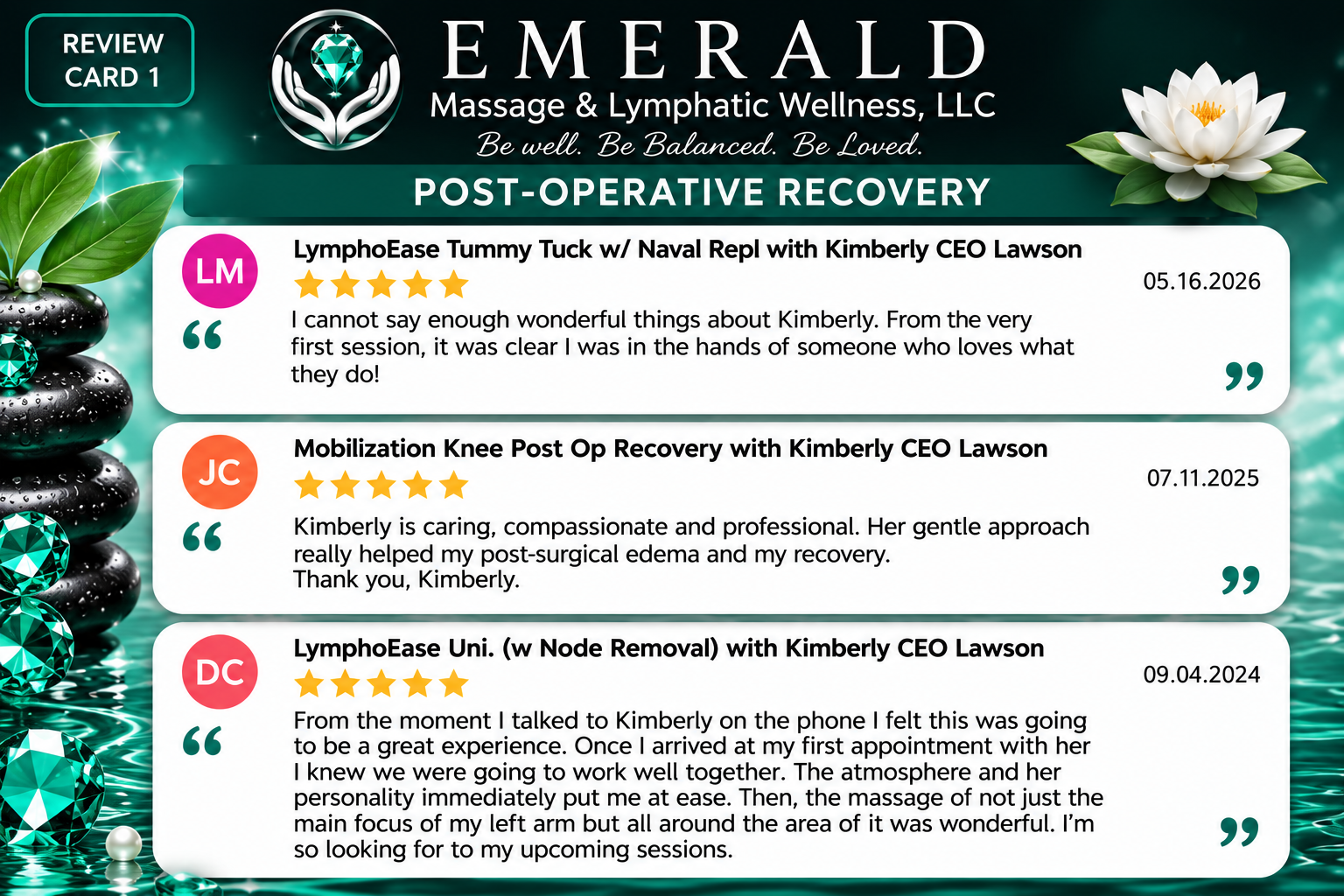 Review board showing customer feedback for Emerald Massage & Lymphatic Wellness. Contains three reviews with names, dates, star ratings, and quotes, decorated with spa stones, lotus flower, and emerald gemstones.
