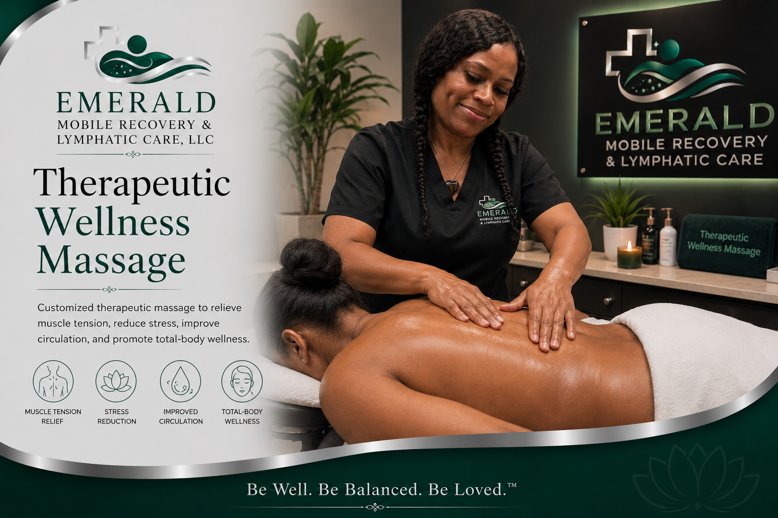 A woman receives a therapeutic wellness massage from a massage therapist in a spa setting. The setting features a sign for Emerald Mobile Recovery & Lymphatic Care, with relaxing decor and candles.