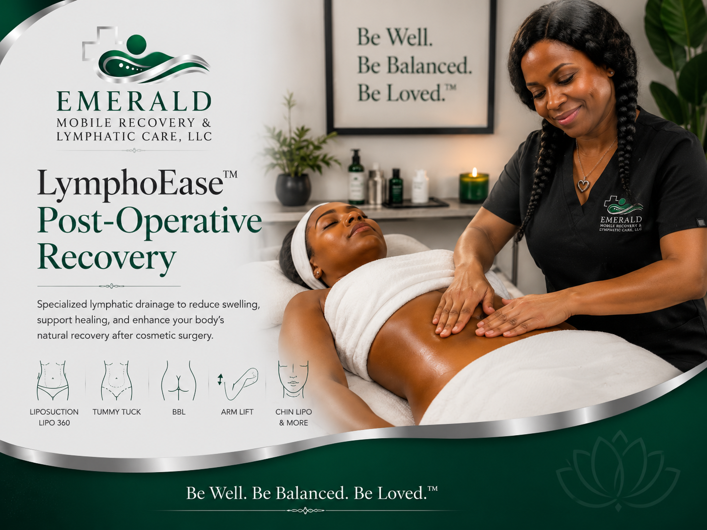 A woman receives lymphatic drainage massage on her abdomen from a therapist in a treatment room with a wellness quote on a wall and various skincare products on a counter.