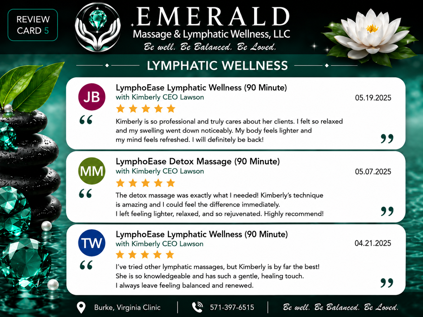 Reviews of Emerald Massage & Lymphatic Wellness LLC showcasing client testimonials for lymphatic wellness services including lymphatic wellness, detox massage, and lymphatic wellness, with star ratings, client comments, dates, and provider Kimberly CEO Lawson's name, with a spa-themed background featuring stacked stones, green leaves, a white lotus flower, and gemstones.