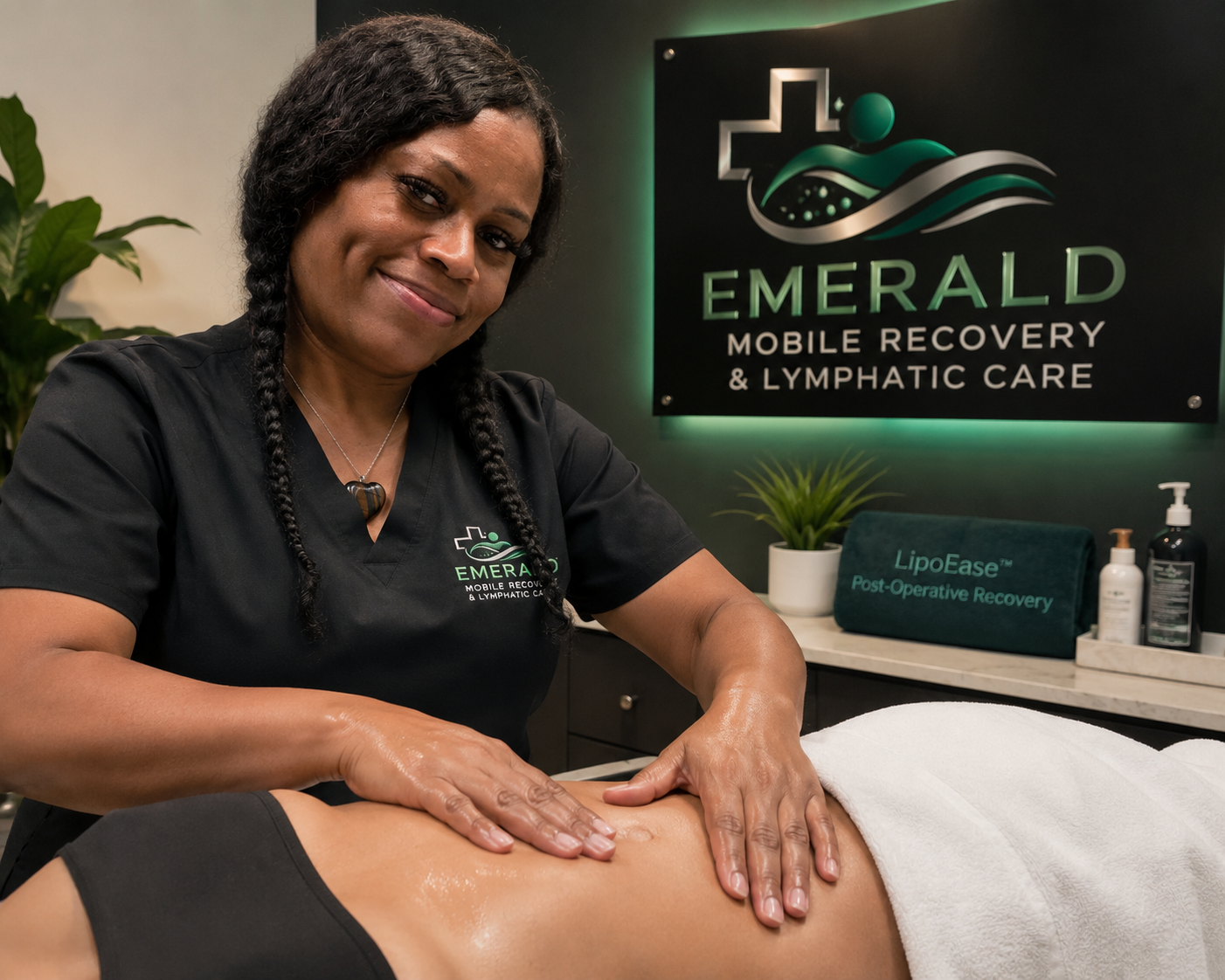 A woman providing lymphatic therapy to a patient lying face down on a massage table at Emerald Mobile Recovery & Lymphatic Care clinic. She is smiling and wearing black scrubs with the clinic's logo.