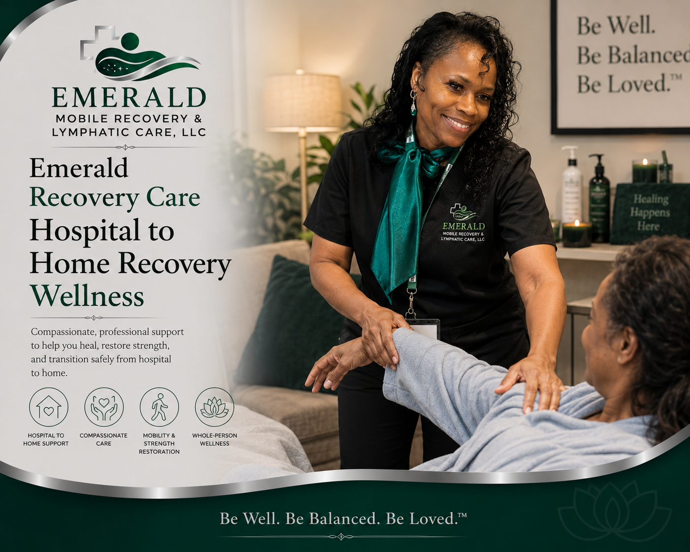 A healthcare professional smiling and holding an elderly woman's arm in a wellness clinic setting. The woman is sitting on a couch with decorative pillows, and there are candles and wellness paraphernalia in the background. The left side of the image features a logo and text promoting Emerald Mobile Recovery & Lymphatic Care, LLC, emphasizing support for hospital-to-home recovery, compassion, mobility, and whole-person wellness.