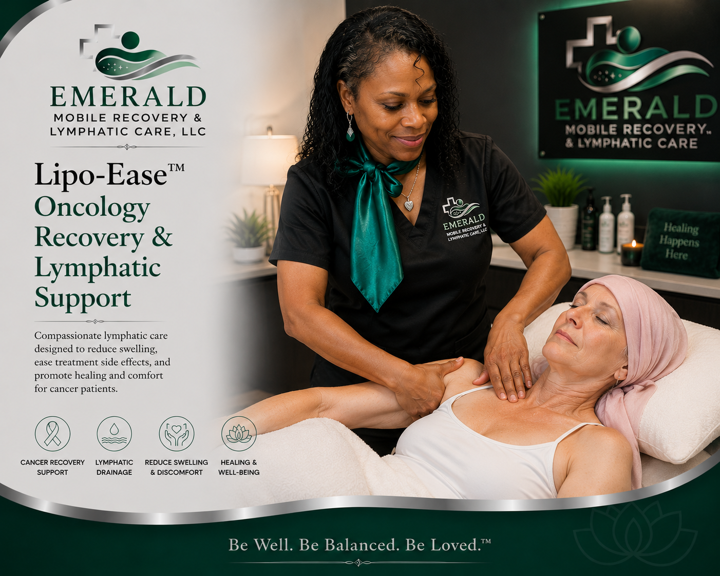 A woman receives lymphatic support massage from a massage therapist in a wellness center. The center has signage for Emerald Mobile Recovery & Lymphatic Care, LLC, and promotes oncology recovery, swelling reduction, and healing support.