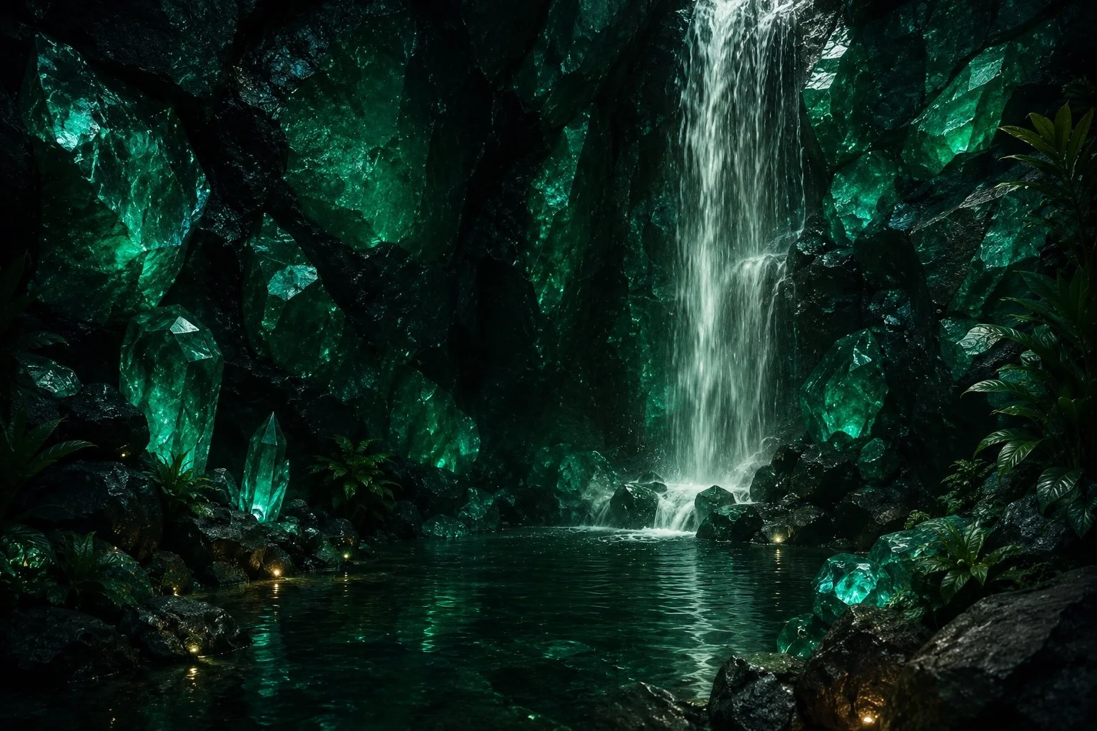A mystical underground cave with green glowing crystals on the walls and rocks surrounding a small waterfall, with the water flowing into a tranquil pool.