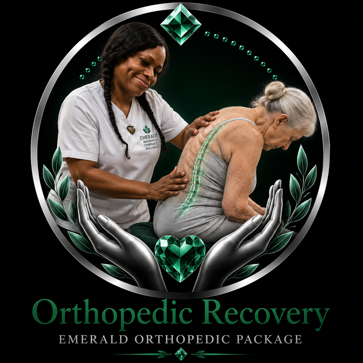 An elderly woman receiving a back massage from a therapist, with a digital overlay of a spine. The image features a decorative frame with green gem icons and the words 'Orthopedic Recovery' and 'Emerald Orthopedic Package'.