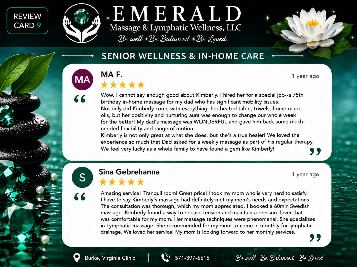 A promotional flyer for Emerald Massage & Lymphatic Wellness, LLC featuring reviews from clients. The background has spa stones, green leaves, pearls, and a white lotus flower, emphasizing relaxation and wellness.