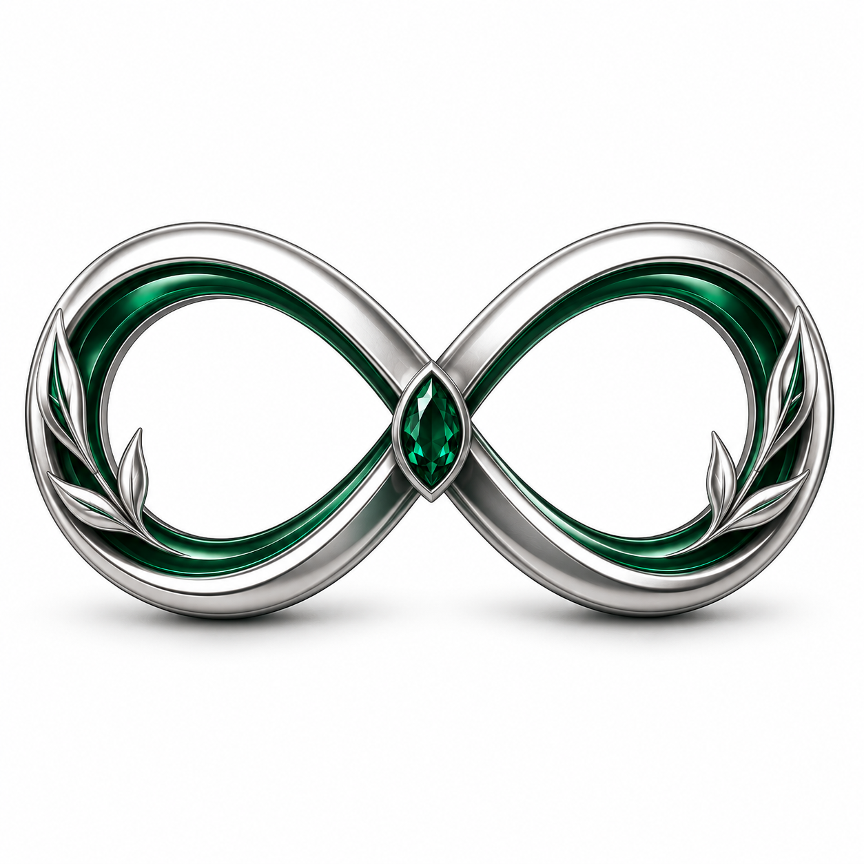 A silver infinity symbol pendant with green accents and a central green gemstone, decorated with silver leaves.