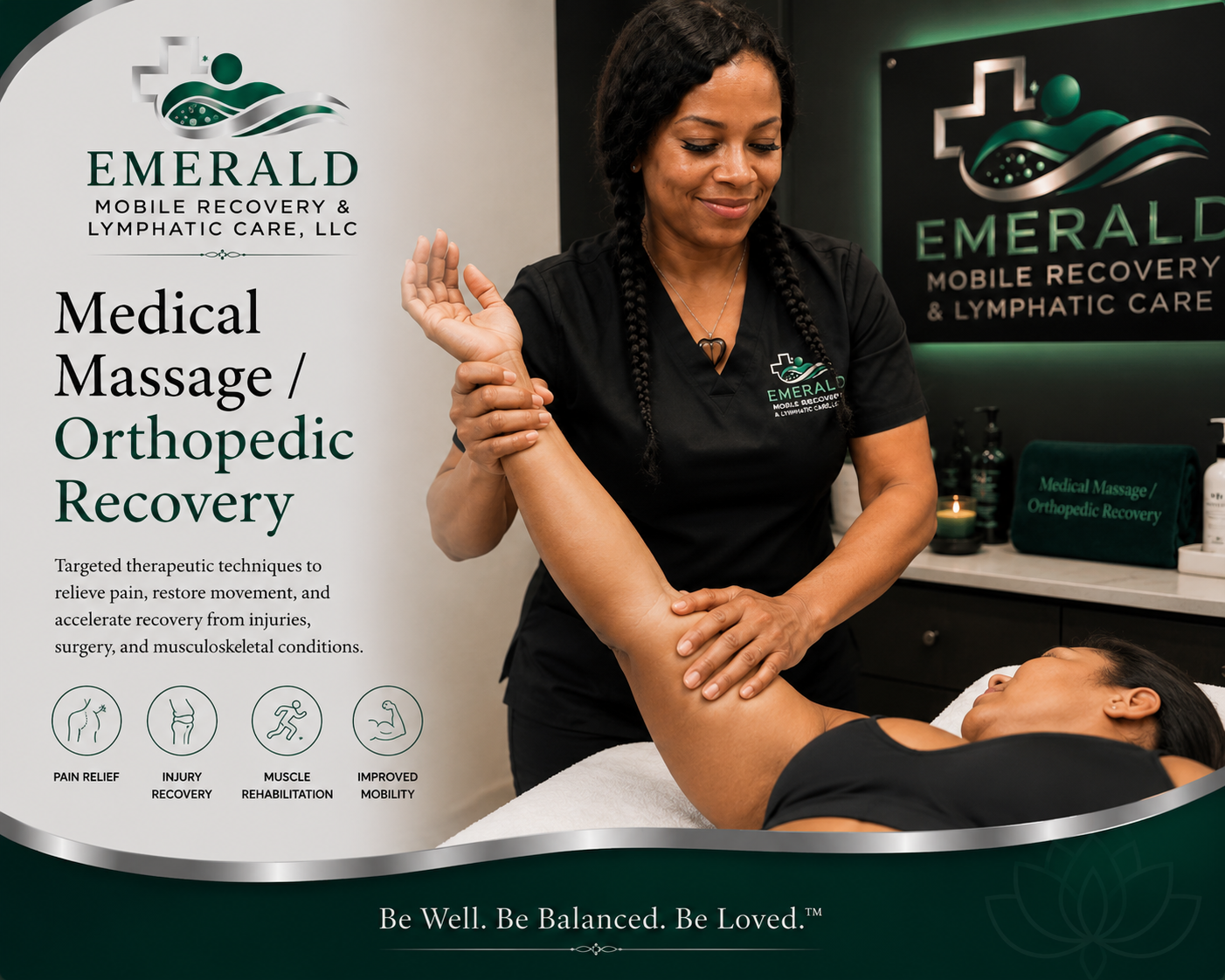 A woman receiving physical therapy on her arm from a therapist at Emerald Mobile Recovery & Lymphatic Care, LLC. The scene includes a sign detailing services such as medical massage and orthopedic recovery.