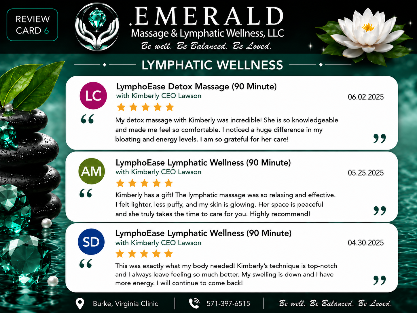 A digital review card for Emerald Massage & Lymphatic Wellness, LLC, featuring three customer reviews with star ratings, dates, and comments about lymphatic wellness and massage services. The background has a green and black theme with decorative stones, leaves, a white lotus flower, and emerald gemstones.