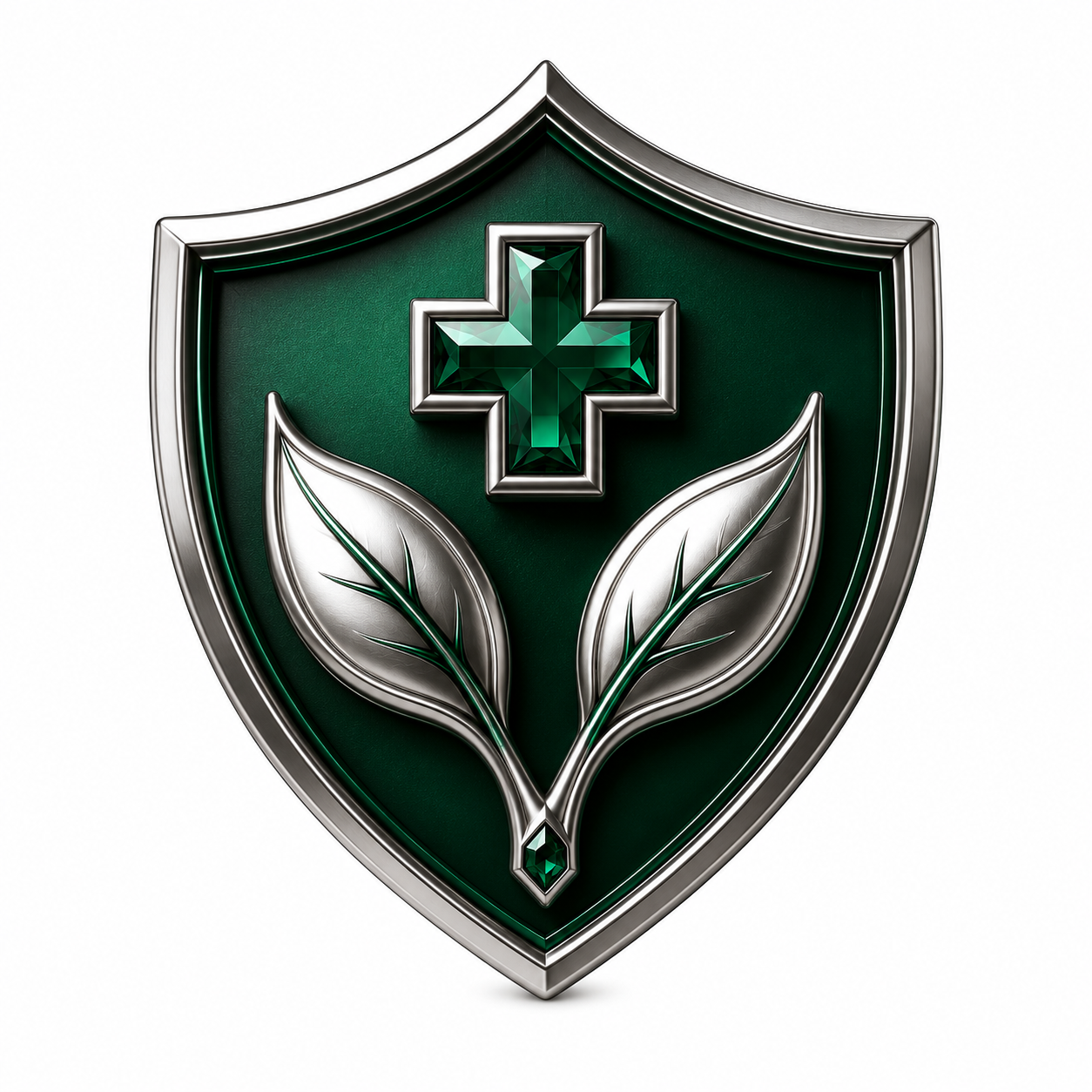A shield-shaped emblem with a green background, featuring a metallic green cross at the top and two silver leaves at the bottom.