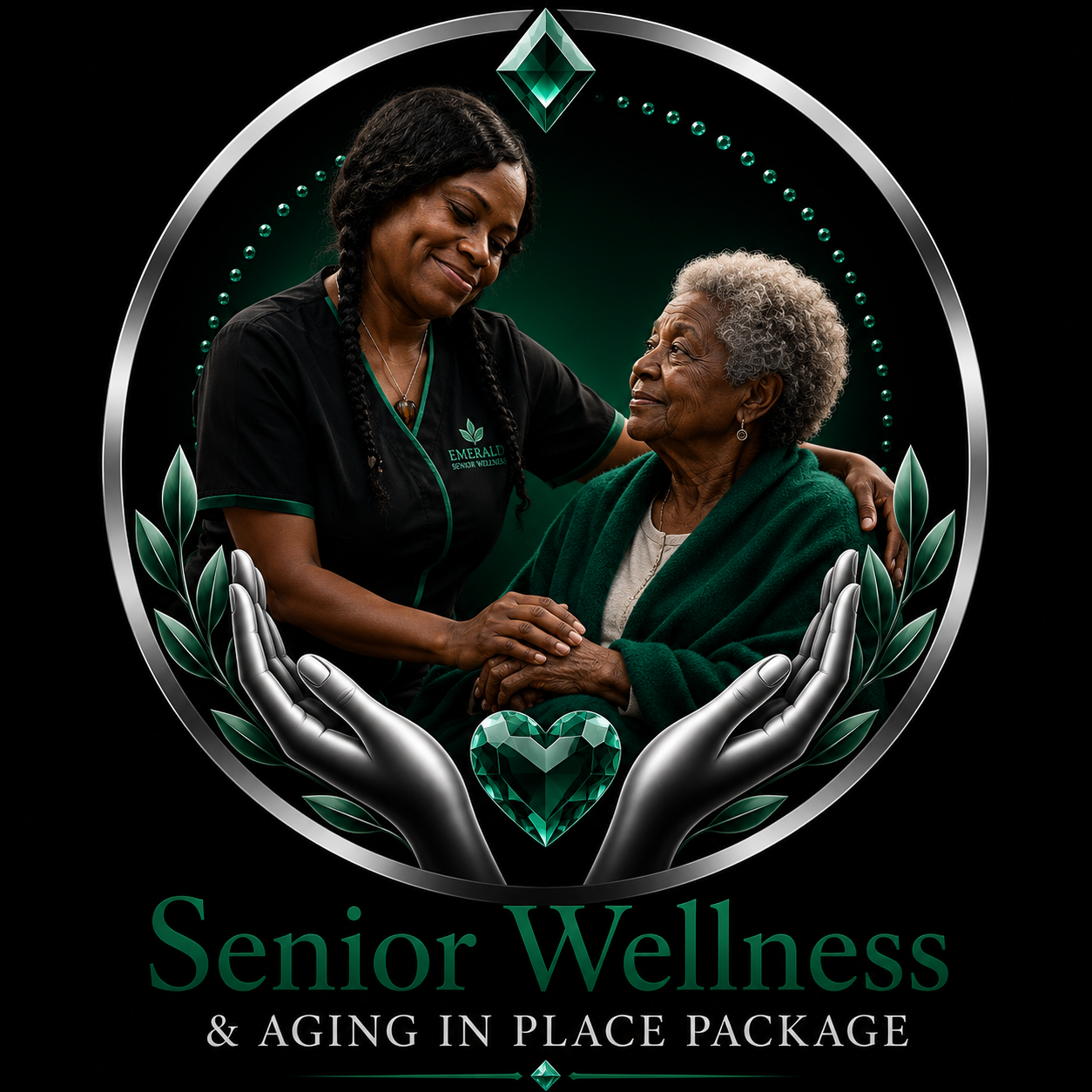 A senior woman with gray hair being cared for by a healthcare worker wearing a black uniform with the logo "Emerald Senior Wellness." The woman and caregiver share a warm moment, framed by stylized hands holding a green heart with leaves, with the text "Senior Wellness & Aging in Place Package" below.