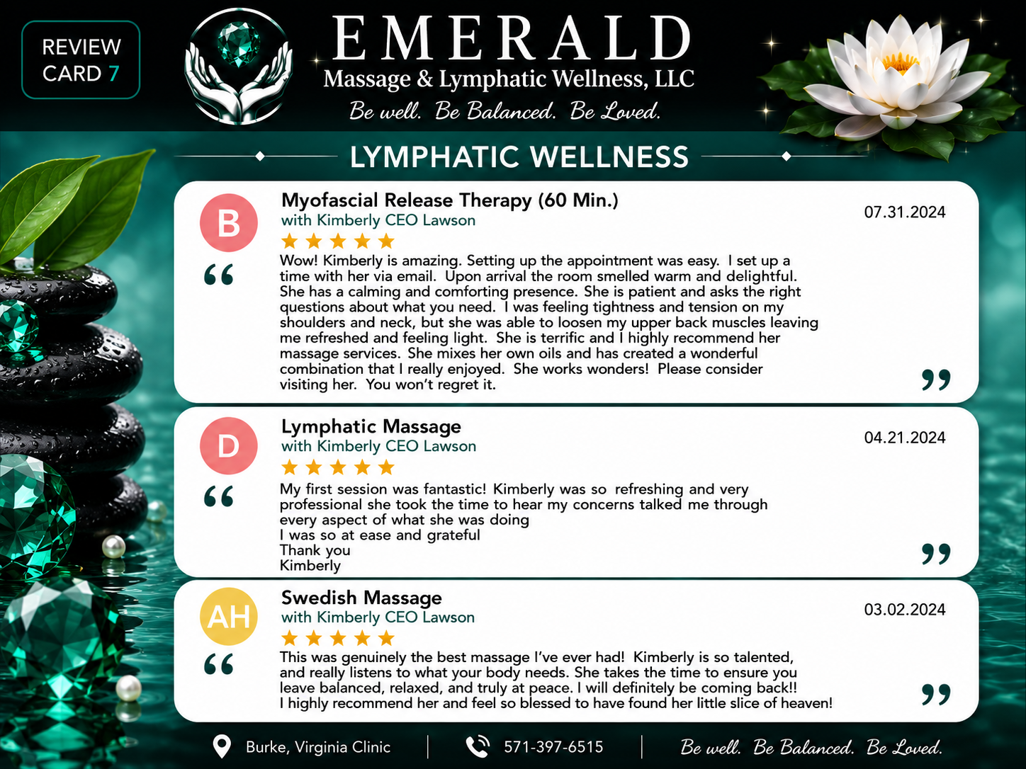 Review card for Emerald Massage & Lymphatic Wellness LLC, featuring three customer reviews for services including Myofascial Release Therapy, Lymphatic Massage, and Swedish Massage, with star ratings and customer testimonials. The card has a dark background, decorative elements like a white lotus flower, stones, and a teal color scheme.