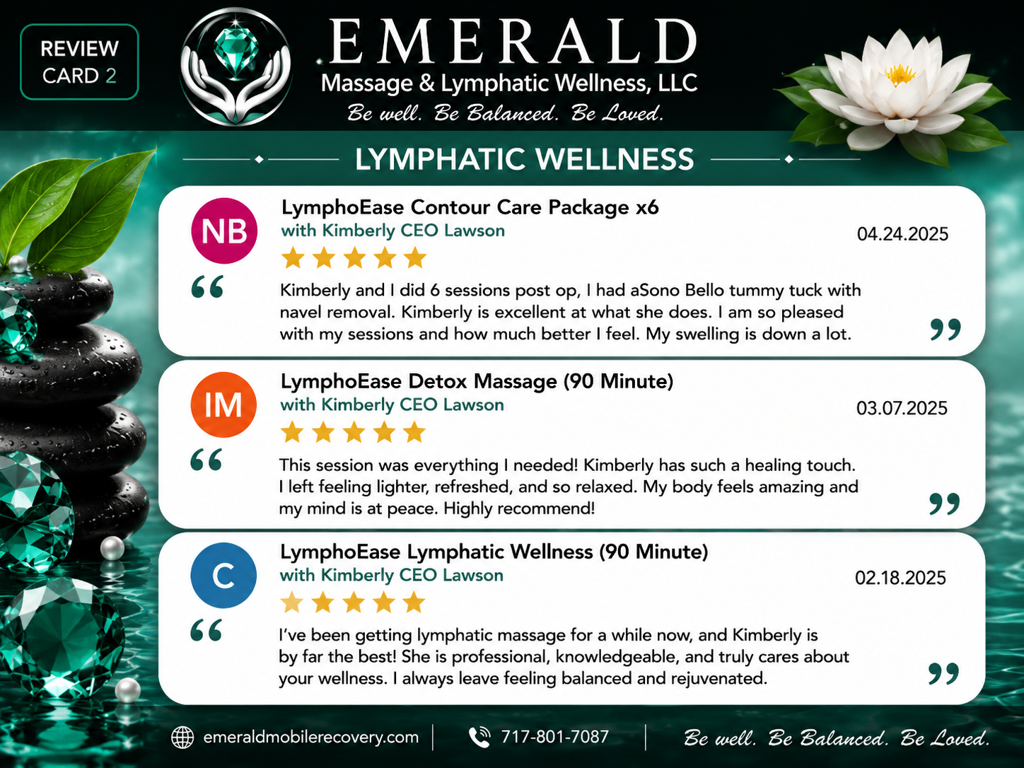 A digital review card for Emerald Massage & Lymphatic Wellness LLC featuring customer testimonials for various lymphatic wellness treatments, with decorative elements such as green leaves, black massage stones, gemstones, and a white lotus flower.