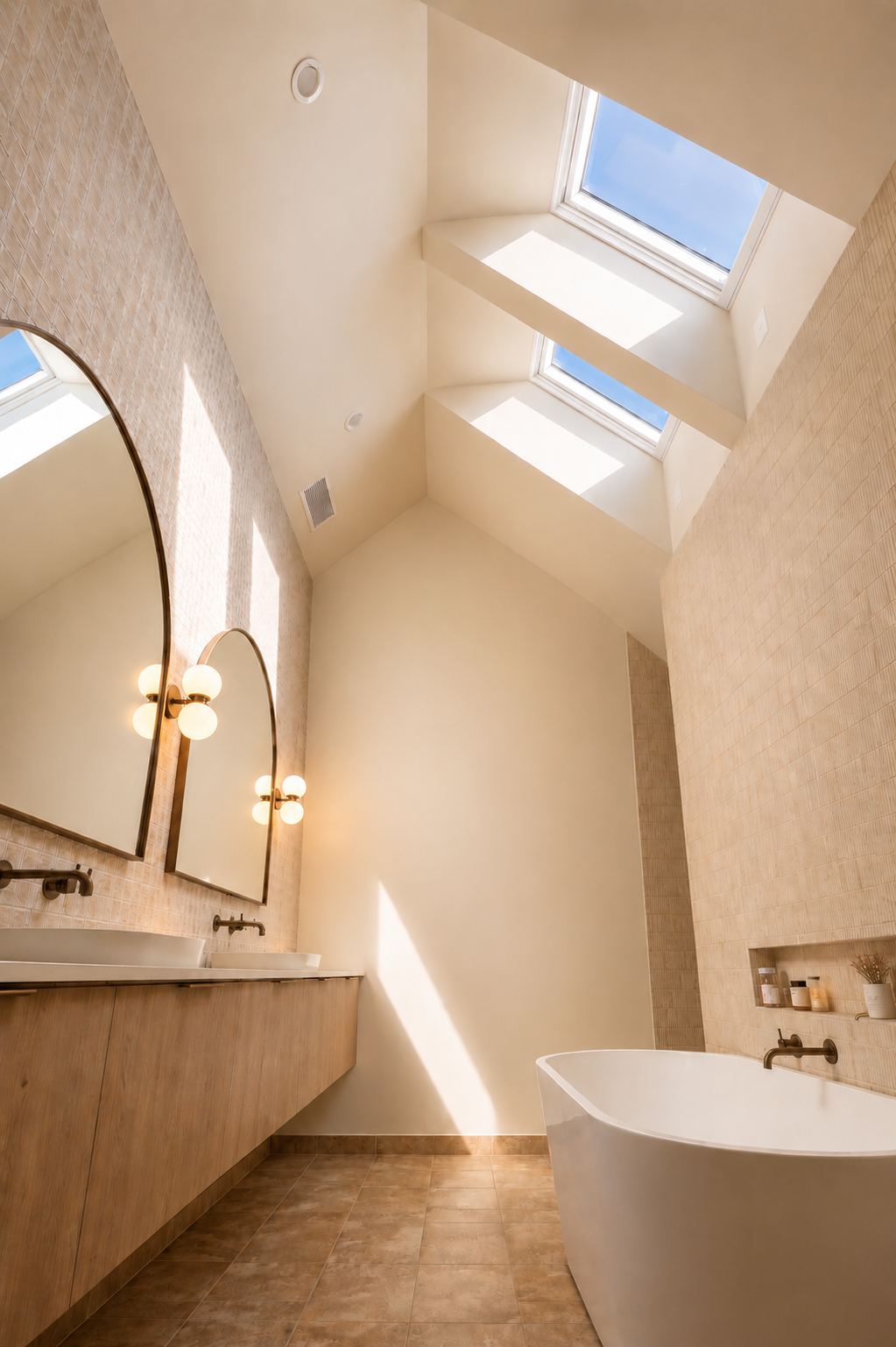 Beautiful ensuite bathroom with skylights, bathtub, warm tones, terracotta floors, aged antique fittings