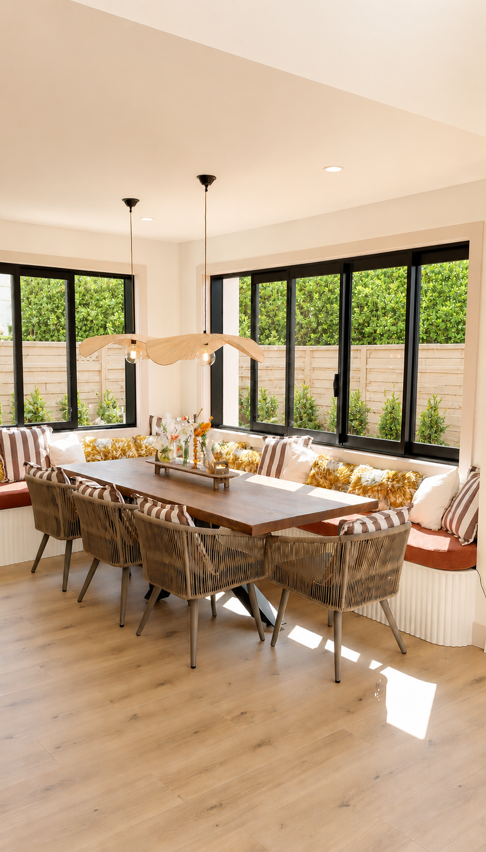 Photo of dining area with inbuilt seating nook and two beautiful pendants. Woven chairs, lots of colourful cushions and floral styling
