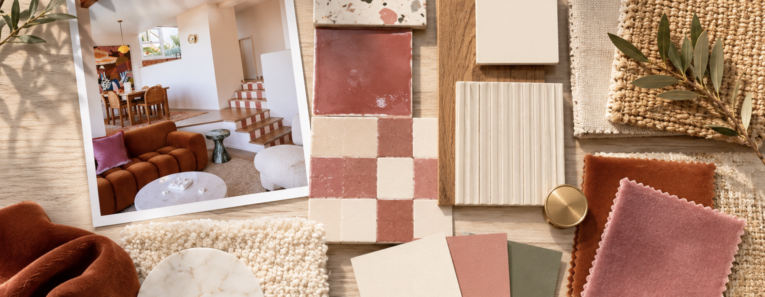 pink and cream mood board using pinterest photo and other fun, natural textiles