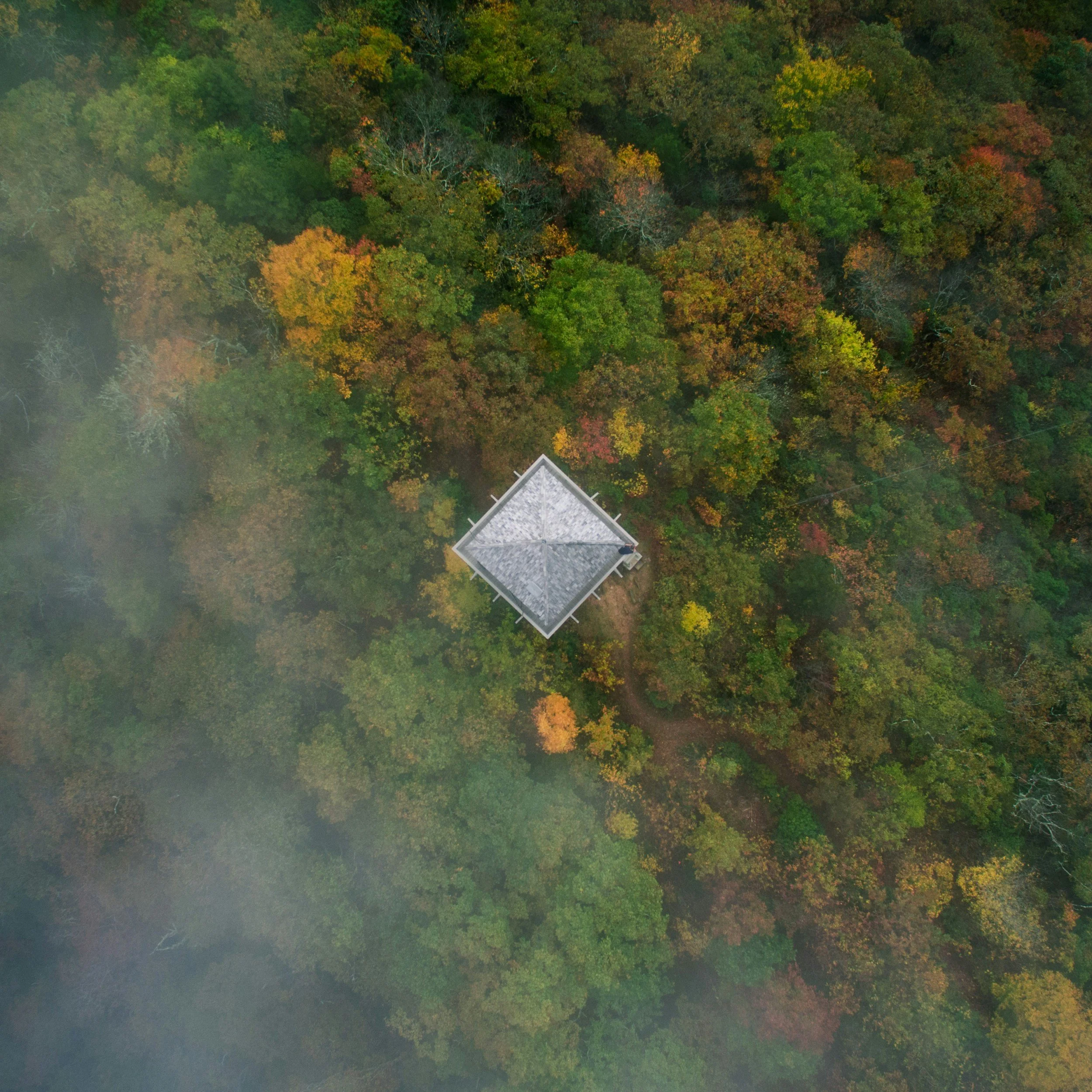 Aerial view of a house with a gray roof surrounded by dense, colorful autumn trees with green, yellow, red, and orange leaves.