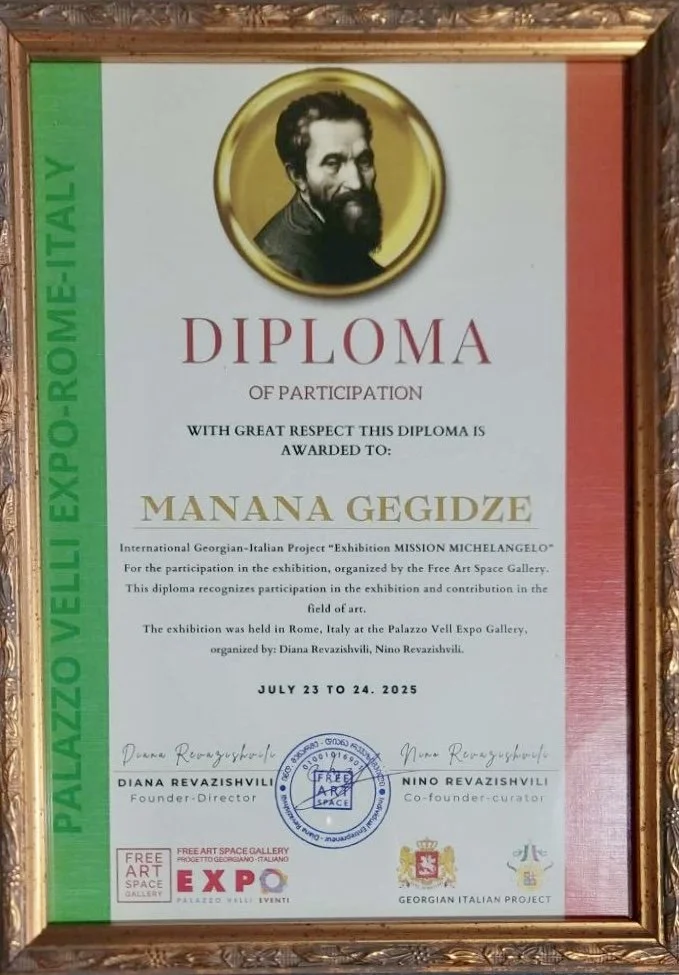 Certificate of participation awarded to Manana Gedidze for the Georgian-Italian Project 'Exhibition MISSION MICHELANGELO' at Palazzo Vell Expo Gallery in Rome, Italy, from July 23 to 24, 2025, signed by organizers Diana Revazishvili and Nino Revazishvili, with logos and official seals.
