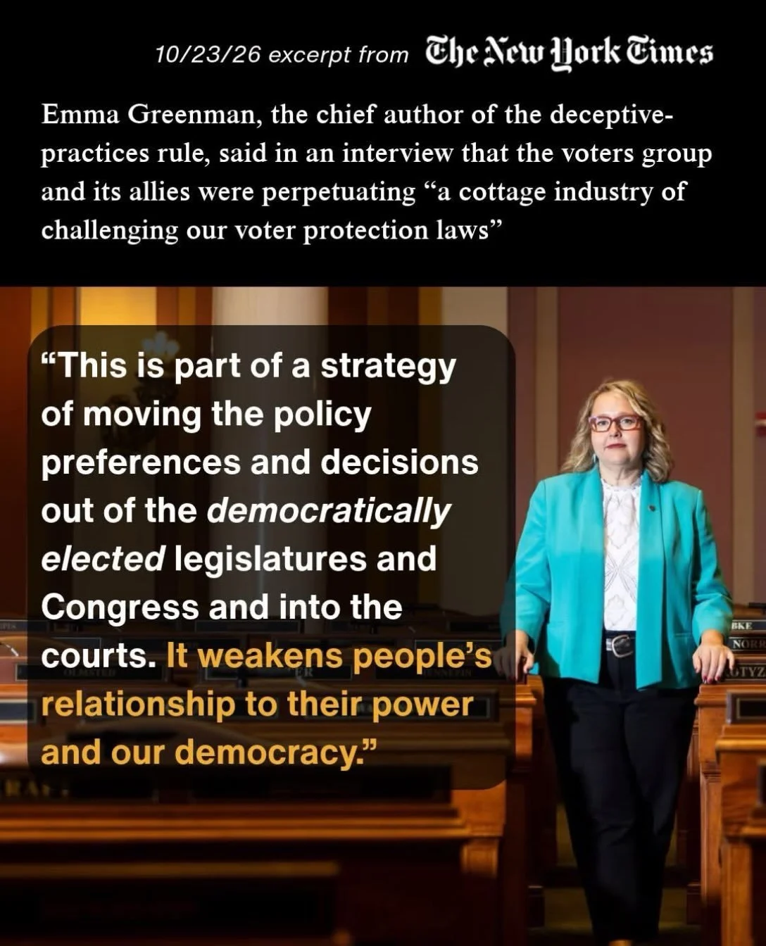 Intentionally spreading false information about voting laws to prevent Minnesotans from voting is voter suppression plain and simple. That&rsquo;s why I passed this law, and why a right-wing organization is attacking it. 

Link to the article in the 