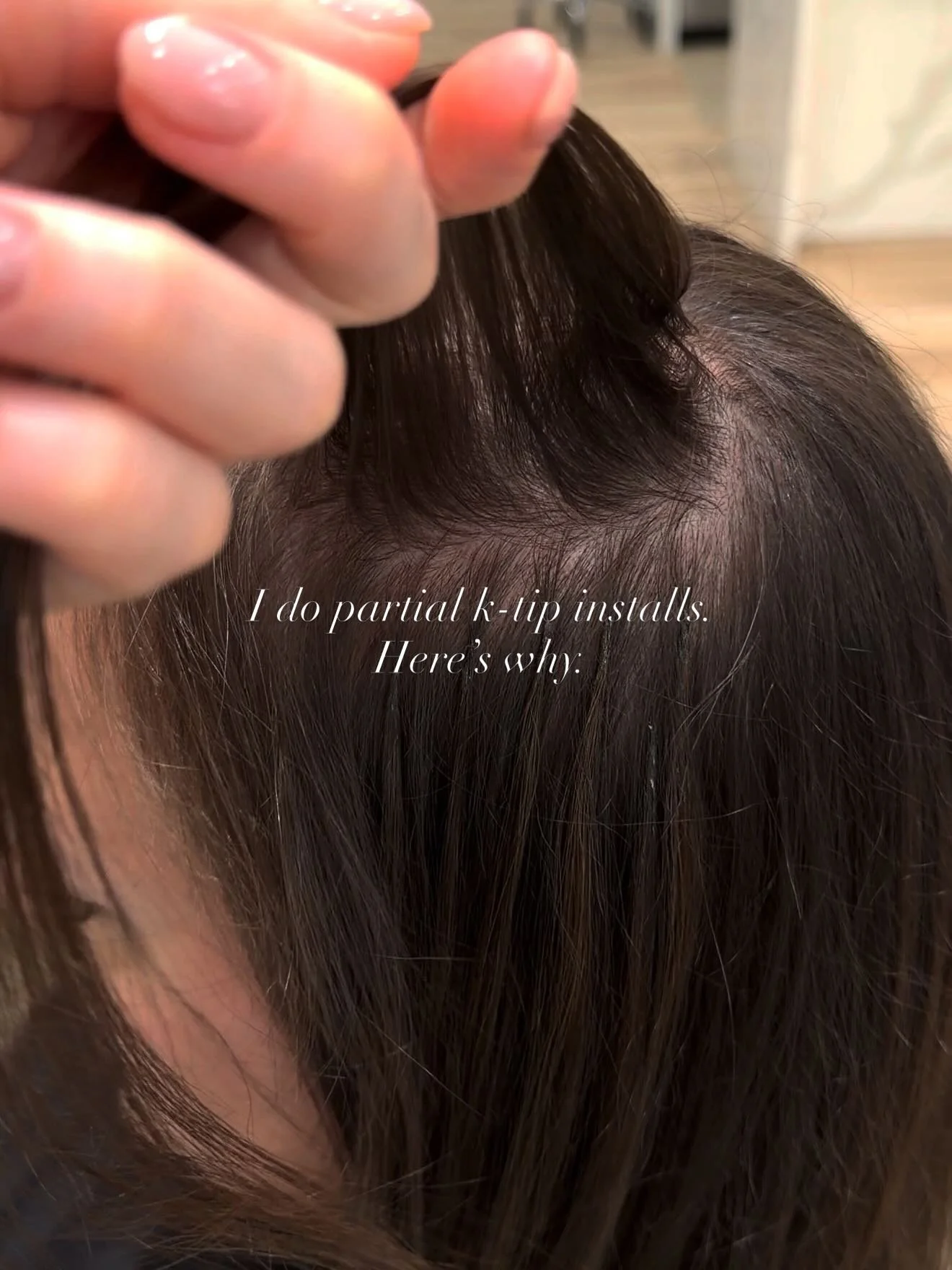 Not every client is looking for longer hair &mdash; a lot of you just want it to look fuller.
A partial K-tip install adds density exactly where you need it, without adding length or the extra weight of a full install. It&rsquo;s a more targeted appr