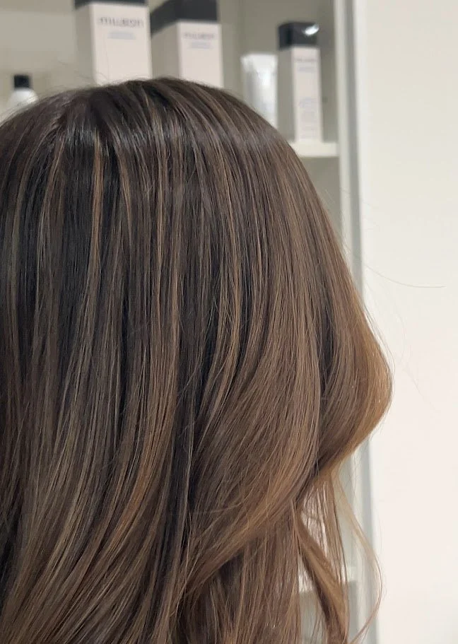 Blended, natural brunette highlights on fine hair. Created by Chicago fine hair specialist Ally Smith.