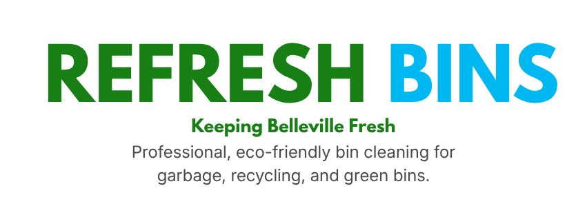 Logo for Refresh Bins, featuring text in green and blue with tag line about eco-friendly garbage, recycling, and green bin cleaning services.