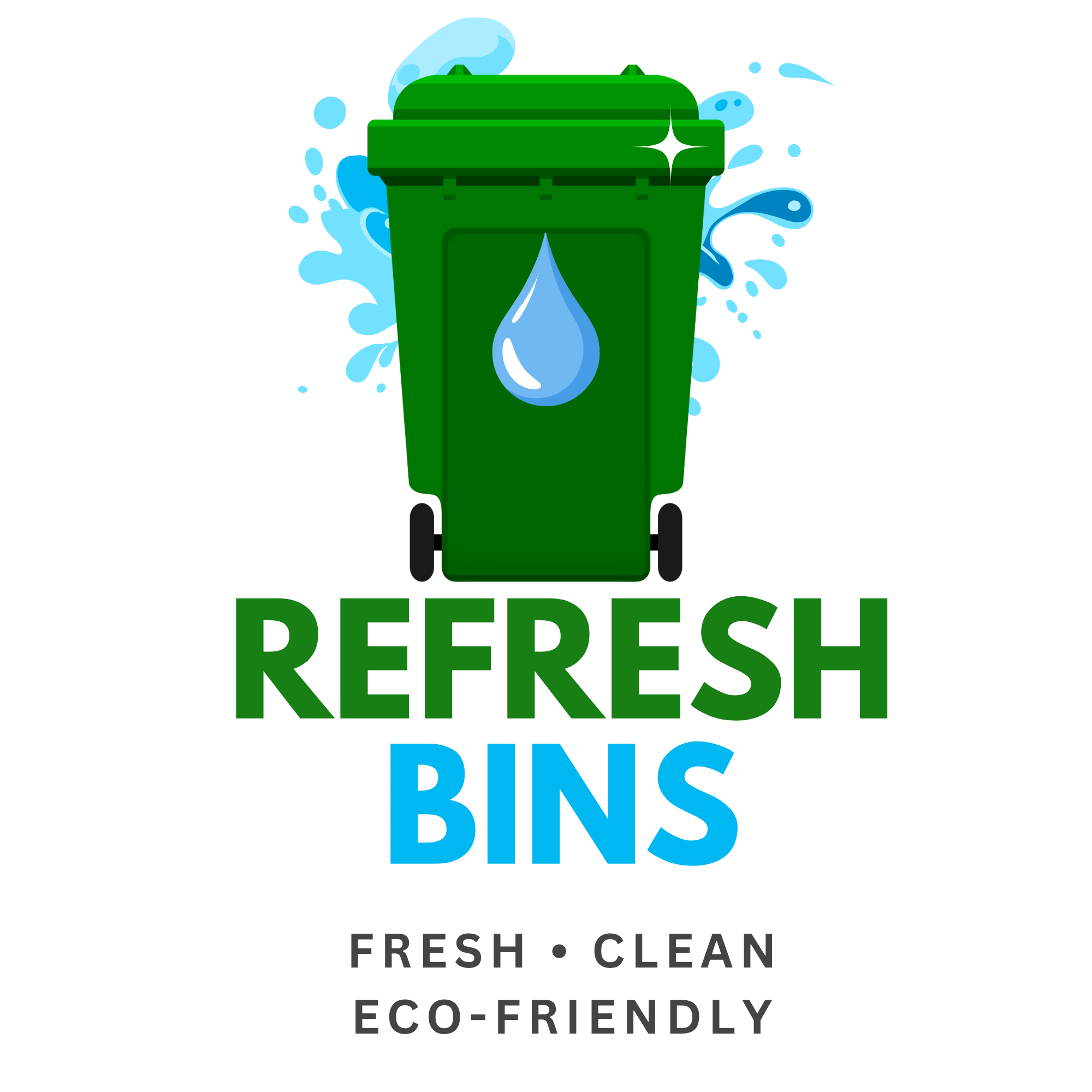 A graphic logo for a company called "Deep Green" featuring a green trash bin with water splashes and a water droplet, with text below reading "Fresh, Clean, Eco-Friendly" in black.