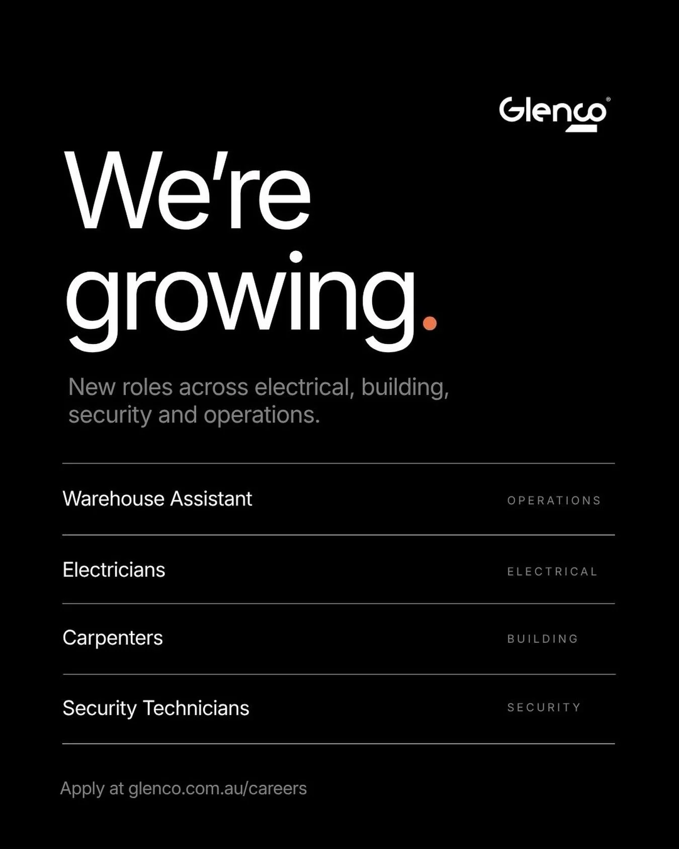 After over 38 years in Sydney, our electrical, building and maintenance and security divisions keep getting busier.&nbsp;

We&rsquo;re looking for good people to grow with us.

Now hiring: Warehouse Assistant, Electricians, Carpenters and Security te