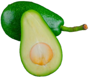 A whole green avocado and a halved avocado showing its seed and creamy flesh.
