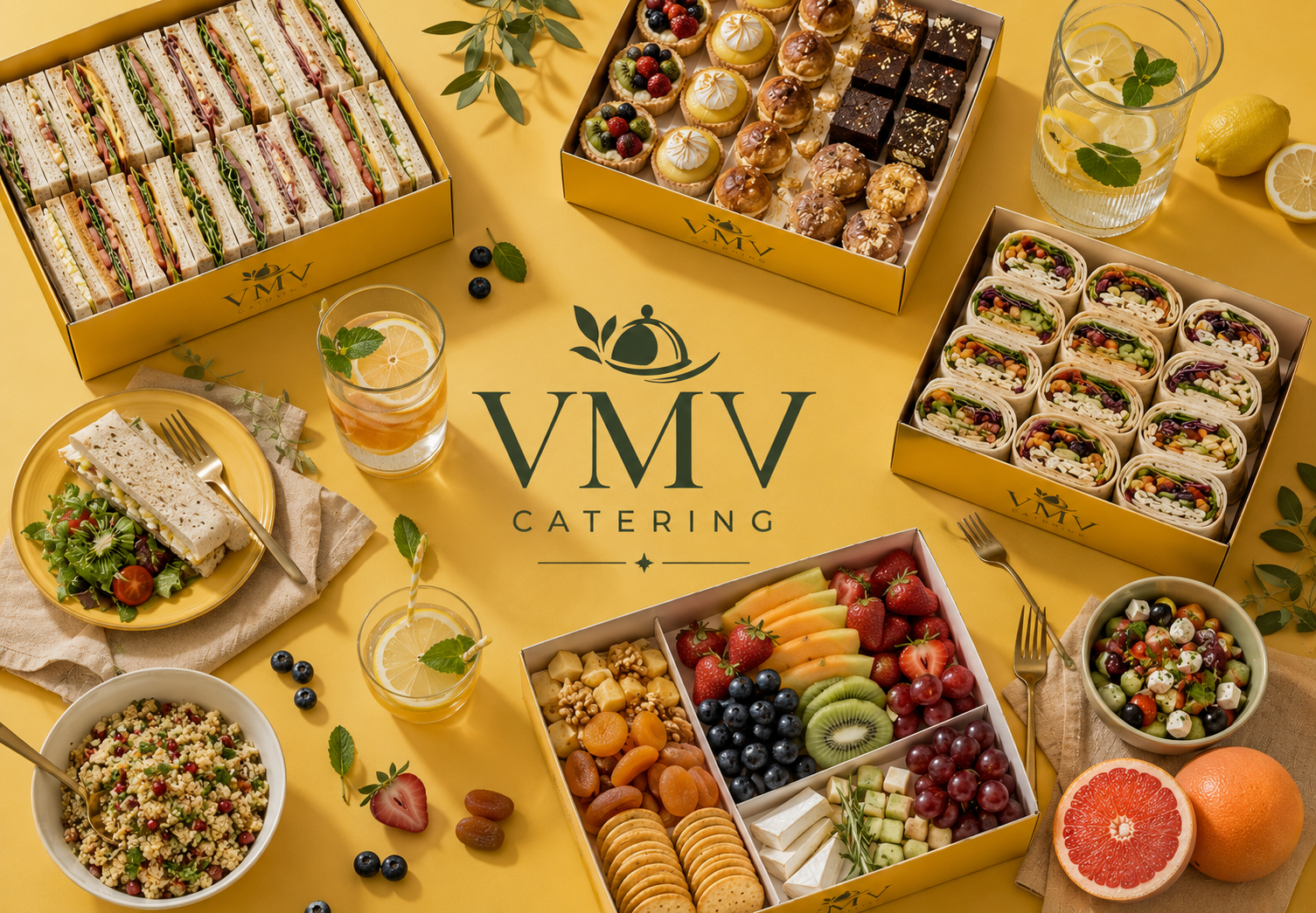Assorted sandwiches, pastries, fruit platters, salads, and beverages served on a yellow table with VMV Catering logo.