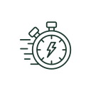 Icon of a stopwatch with a lightning bolt in the center, indicating speed or power.