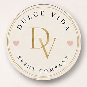 Round logo with gold and black text reading 'Dulce Vida Event Company', featuring a large 'DV' in gold and two pink hearts