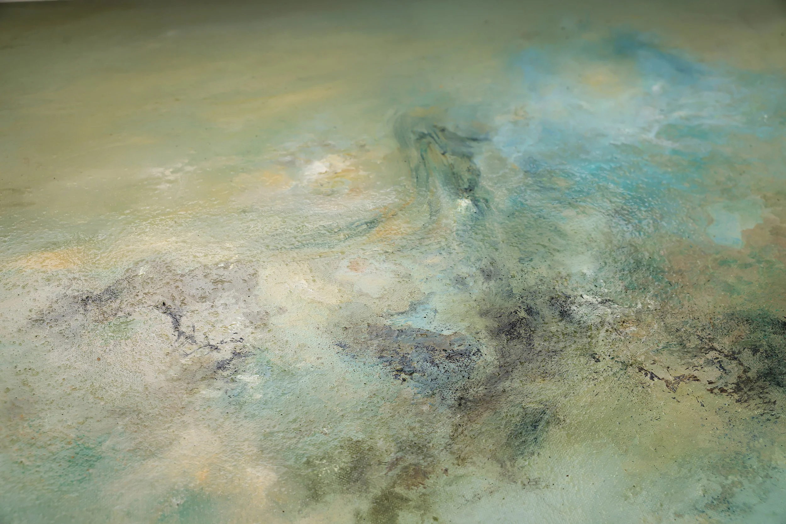 Abstract painting with mixed earthy and pastel colors, including green, blue, cream, and black, with textured brush strokes and layered paint.