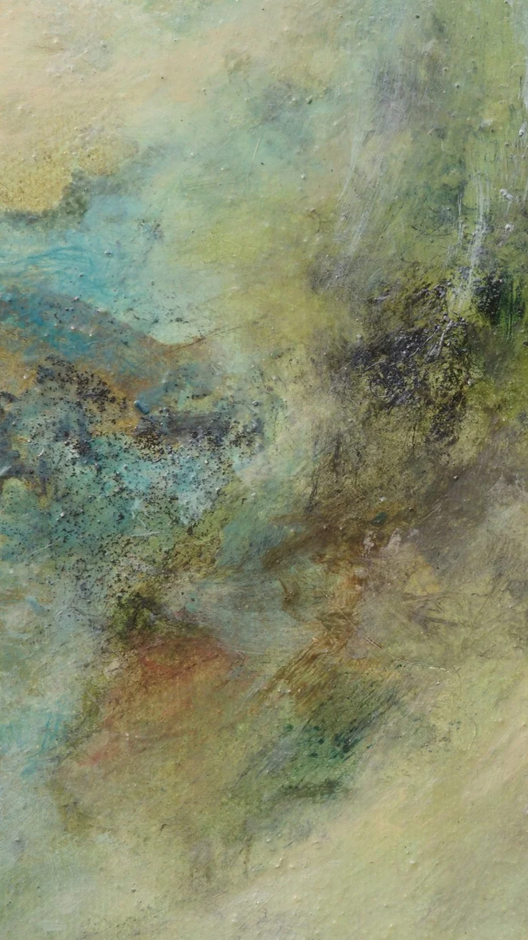 Abstract painting with green, yellow, blue, and black textures and brushstrokes.