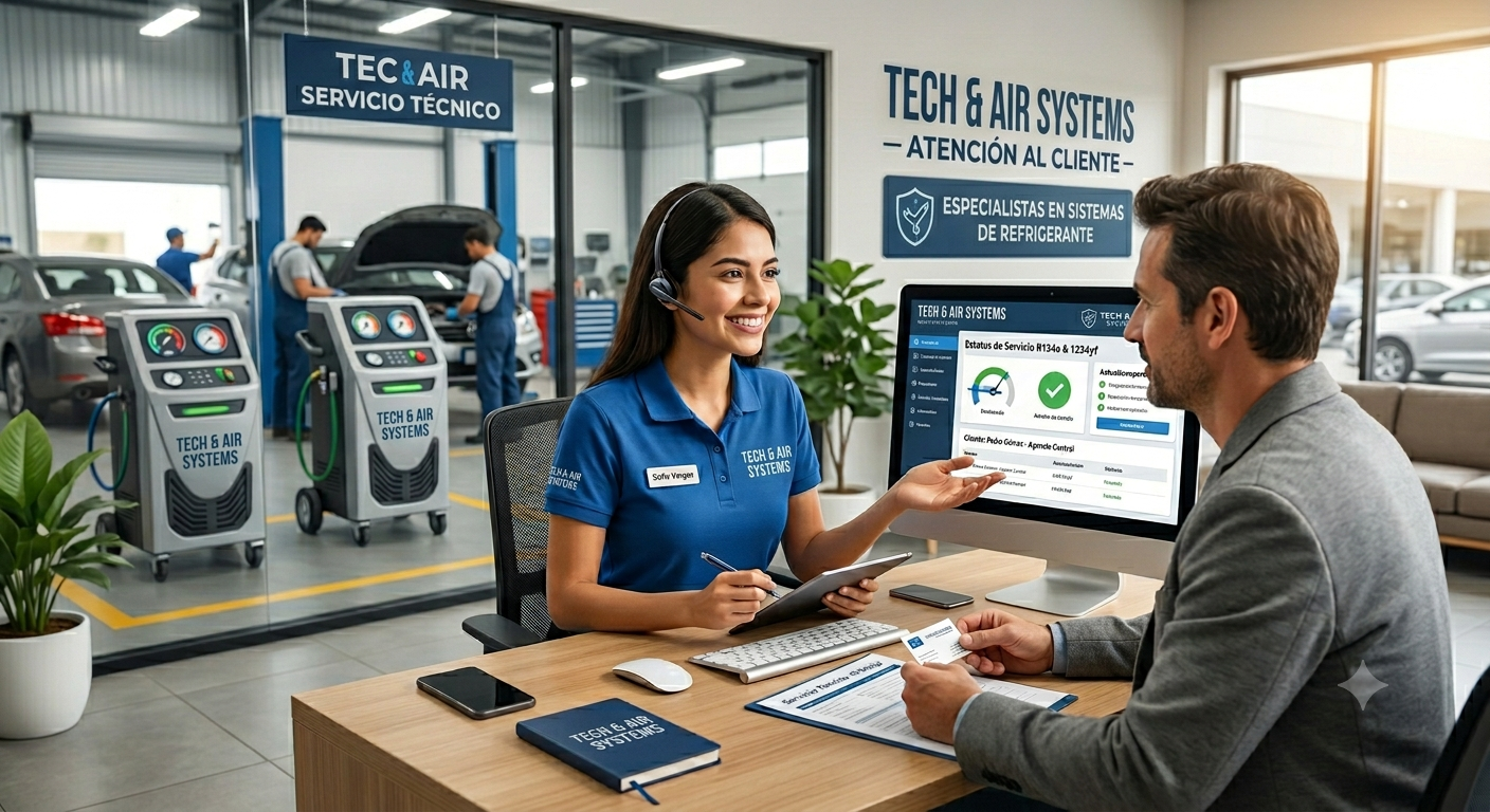 Una empleada de TECH & AIR SYSTEMS atendiendo a un cliente en una oficina, con un fondo de taller automotriz con vehículos y equipos de refrigeración.
