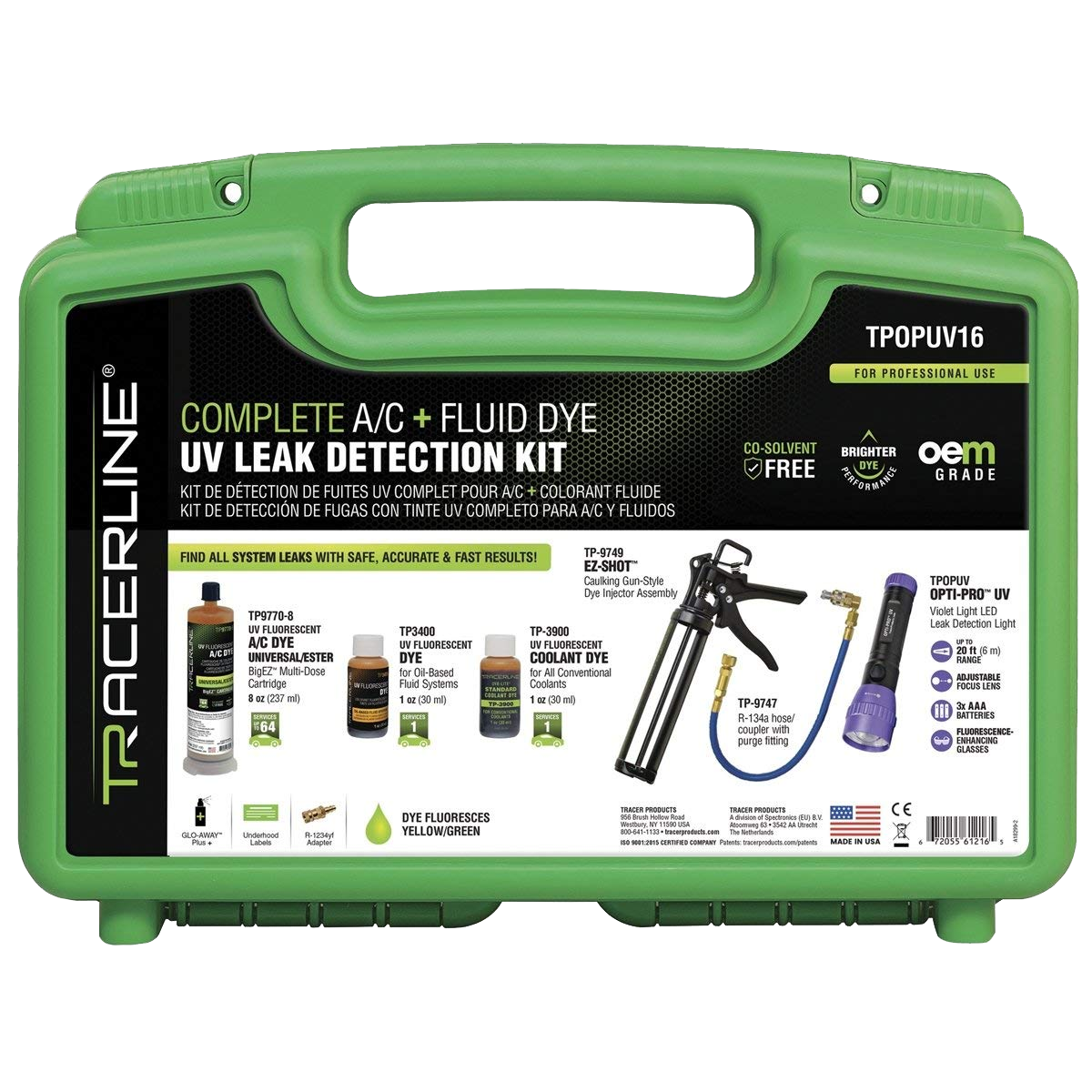 Kit detección de fugas UV para aire acondicionado y fluidos mediante colorante.